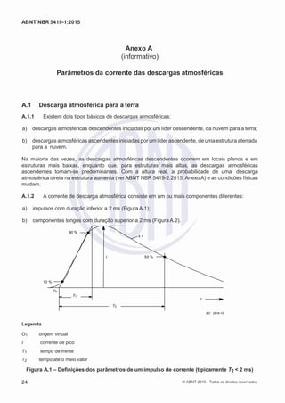 2
8/
0
5/
2
0
1
5)
I
m
pr
e
ss
o:
5
3
2
2
0
4
(P
e
di
d
o
0
7.
9
0
7.
4
0
2/
0
0
0
1-
1
3
-
ABNT NBR 5419-1:2015
Anexo A
(informativo)
Parâmetros da corrente das descargas atmosféricas
A.1 Descarga atmosférica para a terra
A.1.1 Existem dois tipos básicos de descargas atmosféricas:
 a) descargas atmosféricas descendentes iniciadas por um líder descendente, da nuvem para a terra;
 b) descargas atmosféricas ascendentes iniciadas por um líder ascendente, de uma estrutura aterrada
para a nuvem.
Na maioria das vezes, as descargas atmosféricas descendentes ocorrem em locais planos e em
estruturas mais baixas, enquanto que, para estruturas mais altas, as descargas atmosféricas
ascendentes tornam-se predominantes. Com a altura real, a probabilidade de uma descarga
atmosférica direta na estrutura aumenta (ver ABNT NBR 5419-2:2015, Anexo A) e as condições físicas
mudam.
A.1.2 A corrente de descarga atmosférica consiste em um ou mais componentes diferentes:
 a) impulsos com duração inferior a 2 ms (Figura A.1);
 b) componentes longos com duração superior a 2 ms (Figura A.2).
90 %
± i
I 50 %
10 %
O1
T1
t
T2
IEC 2616/ 10
Legenda
O1 origem virtual
I corrente de pico
T1 tempo de frente
T2 tempo até o meio valor
Figura A.1 – Definições dos parâmetros de um impulso de corrente (tipicamente T2 < 2 ms)
24 © ABNT 2015 - Todos os direitos reservados
 
