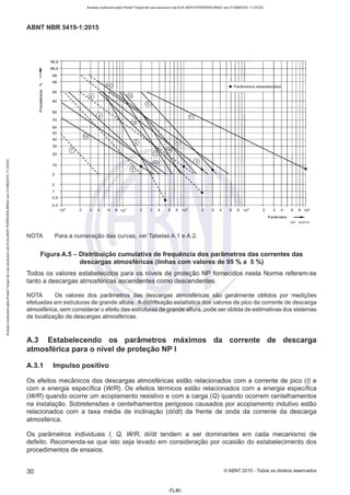 Acesso realizado pelo Portal Target de uso exclusivo de ELKJAER FERREIRA BRAZ em 21/08/2015 11:20:50
ABNT NBR 5419-1 :2015
t
*
NOTA
99,8
99,5
99
98
95
!'!O
80
70
60
50
40
30
20
10
5
2
' ' ·IÍA
' "'"" • Parâmetros estabelec dos
®', l' r-, 1, "'- ~',, 1~ ~i' ""'- ""'
.•...•.... _---~-~- _-· ·- _ . ~~~ ~ k
· "'
·Hi,<T'
.'
~ - -
~,.i-
~
---
-·--3
~
..')
·d-
~
- --.•+
. .-
...
-+
..-..+
. -+-l:-1
. -+
.. +
_ .- ..-.. .
-..-.
_-+,-
.. .-..~
.. ""::--
:-1
.. 1-......_-+
. .:....:-1
..1-_,l-
,+-H
' '
'
' '
o,5-1--~~'---+--1--1-+-+-1-1-,1--~-1-~ -1---i-,,..1-1--1-1--1-+-~ ~-1--1--+--1--1-1-H-1-~--1~-1--1-~1-1-~
o .2 -1--~ ~f---+--1--1-+-+-1-1-,1--~ -1-~ -1---1-1-1--1-1--1-+-~~-1--1--+--1--1-1-H-1-~--1~-1--1-~1-1-~
10° 2 3 4 6 8 101 2 3 4 68102 2 3 4 6 8 103 2 3 4 6 8 104
Parâmetro ~
JEC 2620/tO
Para a numeração das curvas, ver Tabelas A.1 e A.2.
Figura A.5 - Distribuição cumulativa de frequência dos parâmetros das correntes das
descargas atmosféricas (linhas com valores de 95 % a 5 %)
Todos os valores estabelecidos para os níveis de proteção NP fornecidos nesta Norma referem-se
tanto a descargas atmosféricas ascendentes como descendentes.
NOTA Os valores dos parâmetros das descargas atmosféricas são geralmente obtidos por medições
efetuadas em estruturas de grande altura. A distribuição estatística dos valores de pico da corrente de descarga
atmosférica, sem considerar o efeito das estruturas de grande altura, pode ser obtida de estimativas dos sistemas
de localização de descargas atmosféricas.
A.3 Estabelecendo os parâmetros max1mos da corrente de descarga
atmosférica para o nível de proteção NP I
A.3.1 Impulso positivo
Os efeitos mecânicos das descargas atmosféricas estão relacionados com a corrente de pico (/) e
com a energia específica (W/R). Os efeitos térmicos estão relacionados com a energia específica
(W/R) quando ocorre um acoplamento resistivo e com a carga (Q) quando ocorrem centelhamentos
na instalação. Sobretensões e centelhamentos perigosos causados por acoplamento indutivo estão
relacionados com a taxa média de inclinação (di/dt) da frente de onda da corrente da descarga
atmosférica.
Os parâmetros individuais /, Q, W/R, dildt tendem a ser dominantes em cada mecanismo de
defeito. Recomenda-se que isto seja levado em consideração por ocasião do estabelecimento dos
procedimentos de ensaios.
30 © ABNT 2015 - Todos os direitos reservados
-FL40-
 
