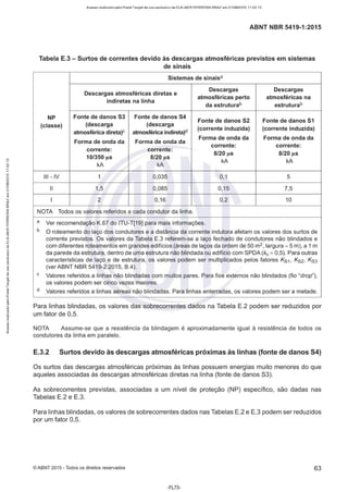 Acesso realizado pelo Portal Target de uso exclusivo de ELKJAER FERREIRA BRAZ em 21/08/2015 11:22:13
ABNT NBR 5419-1:2015
Tabela E.3 - Surtos de correntes devido às descargas atmosféricas previstos em sistemas
de sinais
Sistemas de sinaisª
Descargas atmosféricas diretas e
Descargas Descargas
atmosféricas perto atmosféricas na
indiretas na linha
da estruturab estruturab
NP Fonte de danos 53 Fonte de danos 54
Fonte de danos 52 Fonte de danos 51
(classe) (descarga (descarga
(corrente induzida) (corrente induzida)
atmosférica direta)C atmosférica indireta)d
Forma de onda da Forma de onda da
Forma de onda da Forma de onda da
corrente: corrente:
corrente: corrente:
8/20 µs 8/20 µs
10/350 µs 8/20 ~lS
kA kA
kA kA
Ili - IV 1 0,035 0,1 5
li 1,5 0,085 0,15 7,5
1 2 0,16 0,2 10
NOTA Todos os valores referidos a cada condutor da linha.
a Ver recomendação K.67 do ITU-T[19] para mais informações.
b O roteamento do laço dos condutores e a distância da corrente indutora afetam os valores dos surtos de
corrente previstos. Os valores da Tabela E.3 referem-se a laço fechado de condutores não blindados e
com diferentes roteamentos em grandes edifícios (áreas de laços da ordem de 50 m2, largura = 5 m), a 1 m
da parede da estrutura, dentro de uma estrutura não blindada ou edifício com SPDA (kc = 0,5). Para outras
características de laço e de estrutura, os valores podem ser multiplicados pelos fatores Ks1, Ks2, Ks3
(ver ABNT NBR 5419-2:2015, B.4).
e Valores referidos a linhas não blindadas com muitos pares. Para fios externos não blindados (fio "drop"),
os valores podem ser cinco vezes maiores.
d Valores referidos a linhas aéreas não blindadas. Para linhas enterradas, os valores podem ser a metade.
Para linhas blindadas, os valores das sobrecorrentes dados na Tabela E.2 podem ser reduzidos por
um fator de 0,5.
NOTA Assume-se que a resistência da blindagem é aproximadamente igual à resistência de todos os
condutores da linha em paralelo.
E.3.2 Surtos devido às descargas atmosféricas próximas às linhas (fonte de danos 54)
Os surtos das descargas atmosféricas próximas às linhas possuem energias muito menores do que
aqueles associadas às descargas atmosféricas diretas na linha (fonte de danos S3).
As sobrecorrentes previstas, associadas a um nível de proteção (NP) específico, são dadas nas
Tabelas E.2 e E.3.
Para linhas blindadas, os valores de sobrecorrentes dados nas Tabelas E.2 e E.3 podem ser reduzidos
por um fator 0,5.
©ABNT 2015 -Todos os direitos reservados 63
-FL73-
 