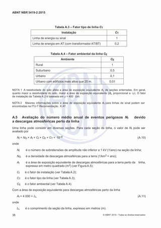 2
8/
0
5/
2
0
1
5)
I
m
pr
e
ss
o:
5
3
2
2
0
4
(P
e
di
d
o
0
7.
9
0
7.
4
0
2/
0
0
0
1-
1
3
-
ABNT NBR 5419-2:2015
Tabela A.3 – Fator tipo de linha CT
Instalação CT
Linha de energia ou sinal 1
Linha de energia em AT (com transformador AT/BT) 0,2
Tabela A.4 – Fator ambiental da linha CE
Ambiente CE
Rural 1
Suburbano 0,5
Urbano 0,1
Urbano com edifícios mais altos que 20 m. 0,01
NOTA 1 A resistividade do solo afeta a área de exposição equivalente AL de seções enterradas. Em geral,
quanto maior a resistividade do solo, maior a área de exposição equivalente (AL proporcional a √ρ). O fator
de instalação da Tabela A.2 é baseada em ρ = 400 Ωm.
NOTA 2 Maiores informações sobre a área de exposição equivalente AI para linhas de sinal podem ser
encontradas na ITU-T Recomendação K.47.
A.5 Avaliação do número médio anual de eventos perigosos NI devido
a descargas atmosféricas perto da linha
Uma linha pode consistir em diversas seções. Para cada seção da linha, o valor de NI pode ser
avaliado por
NI = NG × AI × CI × CE × CT × 10–6 (A.10)
onde
NI é o número de sobretensões de amplitude não inferior a 1 kV (1/ano) na seção da linha;
NG é a densidade de descargas atmosféricas para a terra (1/km2 × ano);
AI é a área de exposição equivalente de descargas atmosféricas para a terra perto da linha,
expressa em metro quadrado (m2) (ver Figura A.5);
CI é o fator de instalação (ver Tabela A.2);
CT é o fator tipo da linha (ver Tabela A.3);
CE é o fator ambiental (ver Tabela A.4).
Com a área de exposição equivalente para descargas atmosféricas perto da linha
AI = 4 000 × LL (A.11)
onde
LL é o comprimento da seção da linha, expresso em metros (m).
38 © ABNT 2015 - Todos os direitos reservados
 
