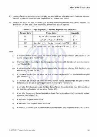 2
8/
0
5/
2
0
1
5)
I
m
pr
e
ss
o:
5
3
2
2
0
4
(P
e
di
d
o
0
7.
9
0
7.
4
0
2/
0
0
0
1-
1
3
-
ABNT NBR 5419-2:2015
 b) o valor máximo da perda em uma zona pode ser reduzido pela relação entre o número de pessoas
na zona (nz) versus o número total de pessoas (nt) na estrutura inteira;
 c) o tempo em horas por ano, durante o qual as pessoas estão presentes na zona (tz), se este for
menor que um total de 8 760 h de um ano, também irá reduzir a perda.
Tabela C.1 – Tipo de perda L1: Valores da perda para cada zona
Tipo de dano Perda típica Equação
D1 LA = rt × LT × nZ / nt × tz / 8760 (C.1)
D1 LU = rt × LT × nZ / nt × tz/8 760 (C.2)
D2 LB = LV = rp × rf × hz ×LF × nZ / nt × tz / 8 760 (C.3)
D3 LC = LM = LW = LZ = LO × nZ / nt × tz / 8 760 (C.4)
onde
LT é número relativo médio típico de vítimas feridas por choque elétrico (D1) devido a um
evento perigoso (ver Tabela C.2);
LF é número relativo médio típico de vítimas por danos físicos (D2) devido a um evento perigoso
(ver Tabela C.2);
LO é número relativo médio típico de vítimas por falha de sistemas internos (D3) devido a um
evento perigoso (ver Tabela C.2);
rt é um fator de redução da perda de vida humana dependendo do tipo do solo ou piso
(ver Tabela C.3);
rp é um fator de redução da perda devido a danos físicos dependendo das providências
tomadas para reduzir as consequências do incêndio (ver Tabela C.4);
rf é um fator de redução da perda devido a danos físicos dependendo do risco de incêndio ou
do risco de explosão da estrutura (ver Tabela C.5);
hz é um fator de aumento da perda devido a danos físicos quando um perigo especial estiver
presente (ver Tabela C.6);
nz é o número de pessoas na zona;
nt é o número total de pessoas na estrutura;
tz é o tempo, durante o qual as pessoas estão presentes na zona, expresso em horas por ano.
© ABNT 2015 - Todos os direitos reservados 51
 