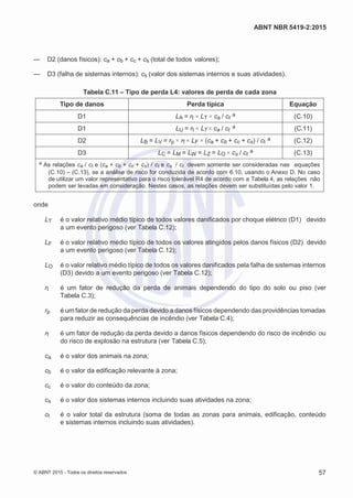 2
8/
0
5/
2
0
1
5)
I
m
pr
e
ss
o:
5
3
2
2
0
4
(P
e
di
d
o
0
7.
9
0
7.
4
0
2/
0
0
0
1-
1
3
-
ABNT NBR 5419-2:2015
— D2 (danos físicos): ca + cb + cc + cs (total de todos valores);
— D3 (falha de sistemas internos): cs (valor dos sistemas internos e suas atividades).
Tabela C.11 – Tipo de perda L4: valores de perda de cada zona
Tipo de danos Perda típica Equação
D1 LA = rt × LT × ca / ct
a (C.10)
D1 LU = rt × LT × ca / ct
a (C.11)
D2 LB = LV = rp × rf × LF × (ca + cb + cc + cs) / ct
a (C.12)
D3 LC = LM = LW = LZ = LO × cs / ct
a (C.13)
a As relações ca / ct e (ca + cb + cc + cs) / ct e cs / ct devem somente ser consideradas nas equações
(C.10) – (C.13), se a análise de risco for conduzida de acordo com 6.10, usando o Anexo D. No caso
de utilizar um valor representativo para o risco tolerável R4 de acordo com a Tabela 4, as relações não
podem ser levadas em consideração. Nestes casos, as relações devem ser substituídas pelo valor 1.
onde
LT é o valor relativo médio típico de todos valores danificados por choque elétrico (D1) devido
a um evento perigoso (ver Tabela C.12);
LF é o valor relativo médio típico de todos os valores atingidos pelos danos físicos (D2) devido
a um evento perigoso (ver Tabela C.12);
LO é o valor relativo médio típico de todos os valores danificados pela falha de sistemas internos
(D3) devido a um evento perigoso (ver Tabela C.12);
rt é um fator de redução da perda de animais dependendo do tipo do solo ou piso (ver
Tabela C.3);
rp é um fator de redução da perda devido a danos físicos dependendo das providências tomadas
para reduzir as consequências de incêndio (ver Tabela C.4);
rf é um fator de redução da perda devido a danos físicos dependendo do risco de incêndio ou
do risco de explosão na estrutura (ver Tabela C.5);
ca é o valor dos animais na zona;
cb é o valor da edificação relevante à zona;
cc é o valor do conteúdo da zona;
cs é o valor dos sistemas internos incluindo suas atividades na zona;
ct é o valor total da estrutura (soma de todas as zonas para animais, edificação, conteúdo
e sistemas internos incluindo suas atividades).
© ABNT 2015 - Todos os direitos reservados 57
 