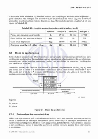 2
8/
0
5/
2
0
1
5)
I
m
pr
e
ss
o:
5
3
2
2
0
4
(P
e
di
d
o
0
7.
9
0
7.
4
0
2/
0
0
0
1-
1
3
-
ABNT NBR 5419-2:2015
A economia anual monetária SM pode ser avaliada pela comparação do custo anual de perdas CL
para a estrutura não protegida com a soma do custo anual residual de perdas CRL para a estrutura
protegida e o custo anual das medidas de proteção CPM. Os resultados para as soluções 1, 2 e 3 são
dados na Tabela E.40.
Tabela E.40 – Hospital: economia anual monetária (valores em $)
Símbolo Solução 1 Solução 2 Solução 3
Perdas para estrutura não protegida CL 57 185 57 185 57 185
Perda residual para estrutura protegida CRL 271 190 208
Custo anual da proteção CPM 28 000 19 500 29 600
Economia anual SM = CL – (CRL + CPM) SM 28 914 37 495 27 377
E.5 Bloco de apartamentos
Este estudo de caso compara diferentes soluções para proteção contra descargas atmosféricas para
um bloco de apartamentos. Os resultados mostram que algumas soluções podem não ser suficientes,
enquanto que várias soluções adequadas podem ser escolhidas de diferentes combinações
das medidas de proteção.
Somente o risco R1 para perda de vida humana (L1) com os componentes de risco RA, RB, RU e RV
(de acordo com a Tabela 2) é determinado e comparado com o valor do risco tolerável RT = 10–5
(de acordo com a Tabela 4). A avaliação econômica não foi requerida uma vez que o risco R4 para
perdas econômicas (L4) não foi considerado.
H = 20 m
or 40 m
Z2
Z1 Z1
Linha de energia (enterrada)
LL= 200 m W = 20 m
Linha de sinal
(enterrada)
LL= 100 m
Legenda
Z1: externa
Z2: interna
Figura E.4 – Bloco de apartamentos
IEC 2645/10
E.5.1 Dados relevantes e características
O Bloco de apartamentos está localizado em um território plano sem nenhuma estrutura nas redon-
dezas. A densidade de descargas atmosféricas para a terra é NG = 4 descargas atmosféricas por
quilômetro quadrado por ano. No bloco vivem 200 pessoas. Este também é o número total de pessoas
a ser considerado, porque é assumido que fora do edifício nenhuma pessoa deve estar durante
a tempestade.
© ABNT 2015 - Todos os direitos reservados 91
 