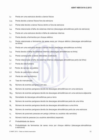 2
8/
0
5/
2
0
1
5)
I
m
pr
e
ss
o:
5
3
2
2
0
4
(P
e
di
d
o
0
7.
9
0
7.
4
0
2/
0
0
0
1-
1
3
-
ABNT NBR 5419-2:2015
LF Perda em uma estrutura devido a danos físicos
LFE Perda devido a danos físicos fora da estrutura
LFT Perda total devido a danos físicos dentro e fora da estrutura
LM Perda relacionada à falha de sistemas internos (descargas atmosféricas perto da estrutura)
Lo Perda em uma estrutura devido à falha de sistemas internos
LT Perda devido a ferimentos por choque elétrico
LU Perda relacionada a ferimentos de seres vivos por choque elétrico (descargas atmosféricas
na linha)
LV Perda em uma estrutura devido a danos físicos (descargas atmosféricas na linha)
LW Perda devido à falha de sistemas internos (descargas atmosféricas na linha)
LX Perda consequente a danos relevantes à estrutura
LZ Perda relacionada à falha de sistemas internos (descargas atmosféricas perto da linha)
L1 Perda de vida humana
L2 Perda de serviço ao público
L3 Perda de patrimônio cultural
L4 Perda de valor econômico
m Taxa de manutenção
NX Número de eventos perigosos por ano
ND Número de eventos perigosos devido às descargas atmosféricas em uma estrutura
NDJ Número de eventos perigosos devido às descargas atmosféricas em uma estrutura adjacente
NG Densidade de descargas atmosféricas para a terra
NI Número de eventos perigosos devido às descargas atmosféricas perto de uma linha
NL Número de eventos perigosos devido às descargas atmosféricas a uma linha
NM Número de eventos perigosos devido às descargas atmosféricas perto de uma estrutura
nz Número de possíveis pessoas em perigo (vitimas ou usuários não servidos)
nt Número total de pessoas (ou usuários atendidos) esperado
P Probabilidade de danos
PA Probabilidade de ferimentos de seres vivos por choque elétrico (descargas atmosféricas
à estrutura)
© ABNT 2015 - Todos os direitos reservados 11
 