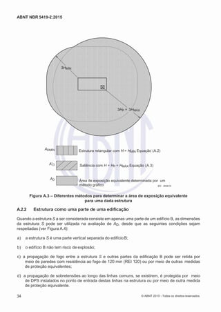 2
8/
0
5/
2
0
1
5)
I
m
pr
e
ss
o:
5
3
2
2
0
4
(P
e
di
d
o
0
7.
9
0
7.
4
0
2/
0
0
0
1-
1
3
-
ABNT NBR 5419-2:2015
3HMÍN
3HP = 3HMÁX
ADMÍN
A’D
AD
Estrutura retangular com H = HMÍN Equação (A.2)
Saliência com H = HP = HMÁX Equação (A.3)
Área de exposição equivalente determinada por um
método gráfico IEC 2639/10
Figura A.3 – Diferentes métodos para determinar a área de exposição equivalente
para uma dada estrutura
A.2.2 Estrutura como uma parte de uma edificação
Quando a estrutura S a ser considerada consiste em apenas uma parte de um edifício B, as dimensões
da estrutura S pode ser utilizada na avaliação de AD, desde que as seguintes condições sejam
respeitadas (ver Figura A.4):
 a) a estrutura S é uma parte vertical separada do edifício B;
 b) o edifício B não tem risco de explosão;
 c) a propagação de fogo entre a estrutura S e outras partes da edificação B pode ser retida por
meio de paredes com resistência ao fogo de 120 min (REI 120) ou por meio de outras medidas
de proteção equivalentes;
 d) a propagação de sobretensões ao longo das linhas comuns, se existirem, é protegida por meio
de DPS instalados no ponto de entrada destas linhas na estrutura ou por meio de outra medida
de proteção equivalente.
34 © ABNT 2015 - Todos os direitos reservados
 