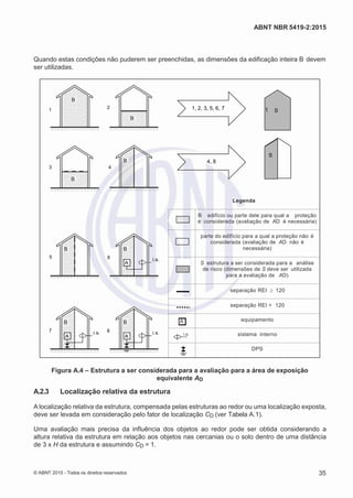 2
8/
0
5/
2
0
1
5)
I
m
pr
e
ss
o:
5
3
2
2
0
4
(P
e
di
d
o
0
7.
9
0
7.
4
0
2/
0
0
0
1-
1
3
-
ABNT NBR 5419-2:2015
Quando estas condições não puderem ser preenchidas, as dimensões da edificação inteira B devem
ser utilizadas.
1
3
B
B
2
4
B
B
1, 2, 3, 5, 6, 7 1 S
S
4, 8
Legenda
B edifício ou parte dele para qual a proteção
é considerada (avaliação de AD é necessária)
B B
parte do edifício para a qual a proteção não é
considerada (avaliação de AD não é
necessária)
5 6 i.s.
S estrutura a ser considerada para a análise
de risco (dimensões de S deve ser utilizada
para a avaliação de AD)
A
separação REI  120
separação REI < 120
B B A equipamento
7
i.s. 8
i.s. i.s. sistema internoA A
DPS
Figura A.4 – Estrutura a ser considerada para a avaliação para a área de exposição
equivalente AD
A.2.3 Localização relativa da estrutura
A localização relativa da estrutura, compensada pelas estruturas ao redor ou uma localização exposta,
deve ser levada em consideração pelo fator de localização CD (ver Tabela A.1).
Uma avaliação mais precisa da influência dos objetos ao redor pode ser obtida considerando a
altura relativa da estrutura em relação aos objetos nas cercanias ou o solo dentro de uma distância
de 3 x H da estrutura e assumindo CD = 1.
© ABNT 2015 - Todos os direitos reservados 35
 