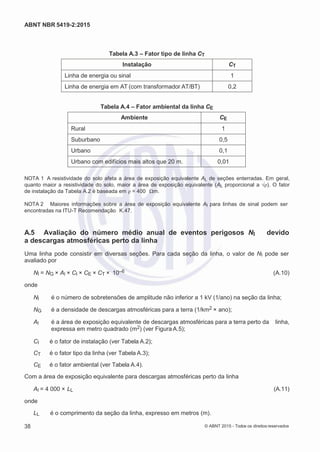 2
8/
0
5/
2
0
1
5)
I
m
pr
e
ss
o:
5
3
2
2
0
4
(P
e
di
d
o
0
7.
9
0
7.
4
0
2/
0
0
0
1-
1
3
-
ABNT NBR 5419-2:2015
Tabela A.3 – Fator tipo de linha CT
Instalação CT
Linha de energia ou sinal 1
Linha de energia em AT (com transformador AT/BT) 0,2
Tabela A.4 – Fator ambiental da linha CE
Ambiente CE
Rural 1
Suburbano 0,5
Urbano 0,1
Urbano com edifícios mais altos que 20 m. 0,01
NOTA 1 A resistividade do solo afeta a área de exposição equivalente AL de seções enterradas. Em geral,
quanto maior a resistividade do solo, maior a área de exposição equivalente (AL proporcional a √ρ). O fator
de instalação da Tabela A.2 é baseada em ρ = 400 Ωm.
NOTA 2 Maiores informações sobre a área de exposição equivalente AI para linhas de sinal podem ser
encontradas na ITU-T Recomendação K.47.
A.5 Avaliação do número médio anual de eventos perigosos NI devido
a descargas atmosféricas perto da linha
Uma linha pode consistir em diversas seções. Para cada seção da linha, o valor de NI pode ser
avaliado por
NI = NG × AI × CI × CE × CT × 10–6 (A.10)
onde
NI é o número de sobretensões de amplitude não inferior a 1 kV (1/ano) na seção da linha;
NG é a densidade de descargas atmosféricas para a terra (1/km2 × ano);
AI é a área de exposição equivalente de descargas atmosféricas para a terra perto da linha,
expressa em metro quadrado (m2) (ver Figura A.5);
CI é o fator de instalação (ver Tabela A.2);
CT é o fator tipo da linha (ver Tabela A.3);
CE é o fator ambiental (ver Tabela A.4).
Com a área de exposição equivalente para descargas atmosféricas perto da linha
AI = 4 000 × LL (A.11)
onde
LL é o comprimento da seção da linha, expresso em metros (m).
38 © ABNT 2015 - Todos os direitos reservados
 