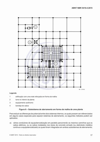 3
2
1
1
4
IEC 2775/10
Legenda
1	 edificação com uma rede reforçada em forma de malha
2	 torre no interior da planta
3	 equipamento autônomo
4	 bandeja de cabos
Figura 6 – Subsistema de aterramento em forma de malha de uma planta
Para reduzir as diferenças de potencial entre dois sistemas internos, os quais possam ser referenciados
em alguns casos especiais para separar sistemas de aterramento, os seguintes métodos podem ser
aplicados:
 a)	 vários condutores de equipotencialização em paralelo percorrendo os mesmos caminhos que os
cabos elétricos, ou os cabos instalados nos dutos de concreto armado (ou eletroduto metálico
contínuo e equipotencializado) os quais foram integrados em ambos subsistemas de aterramento;
17
ABNT NBR 5419-4:2015
© ABNT 2015 - Todos os direitos reservados
 