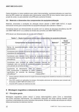 Cabos blindados ou dutos metálicos para cabos interconectados, equipotencializados em cada fron-
teira da ZPR, podem ser utilizados para interconectar várias ZPR de uma mesma ordem para uma
junção de zonas, ou para estender uma ZPR para a próxima fronteira.
5.6	 Materiais e dimensões dos componentes de equipotencialização
Materiais, dimensões e condições de utilização devem atender a ABNT NBR 5419-3. A seção
transversal mínima para componentes da equipotencialização deve atender à Tabela 1.
Conectores devem ser dimensionados de acordo com os valores da descarga atmosférica dos NP
(ver ABNT NBR 5419-1) e a análise da divisão das correntes (ver ABNT NBR 5419-3).
DPS devem ser dimensionados de acordo com a Seção 7.
Tabela 1 – Seção transversal mínima para componentes de equipotencialização
Componentes da equipotencialização Material a
Seção
transversal
mm2
Barras de equipotencialização (cobre, aço cobreado ou aço
galvanizado)
Cu
Fe
50
50
Condutores para conexão de barras de equipotencialização para o
subsistema de aterramento
Cu
Fe
50
80
Condutores para conexão entre barras de equipotencialização
(Conduzindo total ou parte significativa da corrente da descarga
atmosférica)
Cu
Al
Fe
16
25
50
Condutores para conexão de partes metálicas internas da
instalação para as barras de equipotencialização (conduzindo
uma parcela da corrente de raio)
Cu
Al
Fe
6
10
16
Condutores de aterramento para os
DPS (conduzindo a totalidade ou parte
significativa da corrente da descarga
atmosférica) b
Classe I
Classe II
Classe III
Outros DPS c
Cu
16
6
1
1
a	 Outros materiais utilizados devem ter seção transversal assegurando resistência mecânica e condutância
equivalentes.
b	 Para DPS usados em aplicações de energia, informações adicionais de condutores para conexão são
fornecidas na ABNT NBR 5410:2004, 6.3.5..
c	 Incluindo DPS usados em sistemas de sinal.
6	 Blindagem magnética e roteamento de linhas
6.1	 Princípios gerais
Blindagens magnéticas podem reduzir o campo eletromagnético assim como a intensidade
dos surtos induzidos internamente. Um roteamento adequado das linhas internas também pode
minimizar a intensidade dos surtos induzidos internamente. Ambas as medidas são eficazes em reduzir
falhas permanentes de sistemas internos.
22
ABNT NBR 5419-4:2015
© ABNT 2015 - Todos os direitos reservados
 