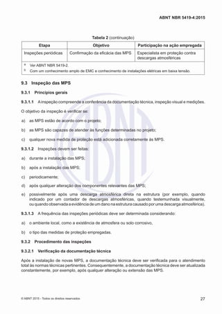 Etapa Objetivo Participação na ação empregada
Inspeções periódicas Confirmação da eficácia das MPS Especialista em proteção contra
descargas atmosféricas
a	 Ver ABNT NBR 5419-2.
b	 Com um conhecimento amplo de EMC e conhecimento de instalações elétricas em baixa tensão.
9.3	 Inspeção das MPS
9.3.1	 Princípios gerais
9.3.1.1	 Ainspeção compreende a conferência da documentação técnica, inspeção visual e medições.
O objetivo da inspeção é verificar se:
 a)	 as MPS estão de acordo com o projeto;
 b)	 as MPS são capazes de atender às funções determinadas no projeto;
 c)	 qualquer nova medida de proteção está adicionada corretamente às MPS.
9.3.1.2	 Inspeções devem ser feitas:
 a)	 durante a instalação das MPS;
 b)	 após a instalação das MPS;
 c)	 periodicamente;
 d)	 após qualquer alteração dos componentes relevantes das MPS;
 e)	 possivelmente após uma descarga atmosférica direta na estrutura (por exemplo, quando
indicado por um contador de descargas atmosféricas, quando testemunhada visualmente,
ouquandoobservadaaevidênciadeumdanonaestruturacausadoporumadescargaatmosférica).
9.3.1.3	 A frequência das inspeções periódicas deve ser determinada considerando:
 a)	 o ambiente local, como a existência de atmosfera ou solo corrosivo,
 b)	 o tipo das medidas de proteção empregadas.
9.3.2	 Procedimento das inspeções
9.3.2.1	 Verificação da documentação técnica
Após a instalação de novas MPS, a documentação técnica deve ser verificada para o atendimento
total às normas técnicas pertinentes. Consequentemente, a documentação técnica deve ser atualizada
constantemente, por exemplo, após qualquer alteração ou extensão das MPS.
Tabela 2 (continuação)
27
ABNT NBR 5419-4:2015
© ABNT 2015 - Todos os direitos reservados
 
