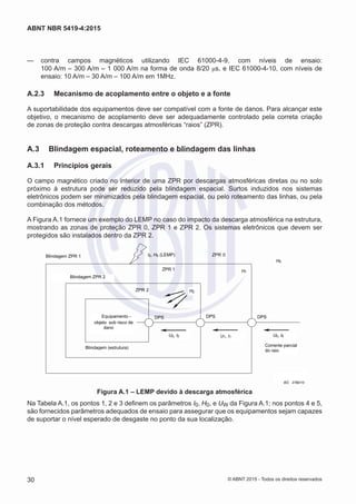 —— contra campos magnéticos utilizando IEC 61000-4-9, com níveis de ensaio:
100 A/m – 300 A/m – 1 000 A/m na forma de onda 8/20 μs, e IEC 61000-4-10, com níveis de
ensaio: 10 A/m – 30 A/m – 100 A/m em 1MHz.
A.2.3	 Mecanismo de acoplamento entre o objeto e a fonte
A suportabilidade dos equipamentos deve ser compatível com a fonte de danos. Para alcançar este
objetivo, o mecanismo de acoplamento deve ser adequadamente controlado pela correta criação
de zonas de proteção contra descargas atmosféricas “raios” (ZPR).
A.3	 Blindagem espacial, roteamento e blindagem das linhas
A.3.1	 Princípios gerais
O campo magnético criado no interior de uma ZPR por descargas atmosféricas diretas ou no solo
próximo à estrutura pode ser reduzido pela blindagem espacial. Surtos induzidos nos sistemas
eletrônicos podem ser minimizados pela blindagem espacial, ou pelo roteamento das linhas, ou pela
combinação dos métodos.
A Figura A.1 fornece um exemplo do LEMP no caso do impacto da descarga atmosférica na estrutura,
mostrando as zonas de proteção ZPR 0, ZPR 1 e ZPR 2. Os sistemas eletrônicos que devem ser
protegidos são instalados dentro da ZPR 2.
ZPR 0
ZPR 2
DPS DPS DPS
I0, H0 (LEMP)
H1
H2
H0
U2, I2 U1, I1 U0, I0
Blindagem ZPR 1
Blindagem ZPR 2
Equipamento -
objeto sob risco de
dano
Blindagem (estrutura)
Corrente parcial
do raio
IEC 2206/05
IEC 2780/10
ZPR 1
Figura A.1 – LEMP devido à descarga atmosférica
Na Tabela A.1, os pontos 1, 2 e 3 definem os parâmetros I0, H0, e UW da Figura A.1; nos pontos 4 e 5,
são fornecidos parâmetros adequados de ensaio para assegurar que os equipamentos sejam capazes
de suportar o nível esperado de desgaste no ponto da sua localização.
30
ABNT NBR 5419-4:2015
© ABNT 2015 - Todos os direitos reservados
 