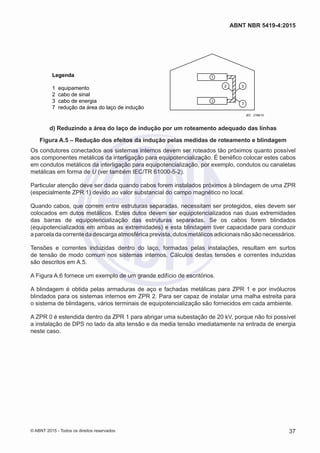 1
1
2 3
7
IEC 2788/10
Legenda
1 equipamento
2 cabo de sinal
3 cabo de energia
7 redução da área do laço de indução
d) Reduzindo a área do laço de indução por um roteamento adequado das linhas
Figura A.5 – Redução dos efeitos da indução pelas medidas de roteamento e blindagem
Os condutores conectados aos sistemas internos devem ser roteados tão próximos quanto possível
aos componentes metálicos da interligação para equipotencialização. É benéfico colocar estes cabos
em condutos metálicos da interligação para equipotencialização, por exemplo, condutos ou canaletas
metálicas em forma de U (ver também IEC/TR 61000-5-2).
Particular atenção deve ser dada quando cabos forem instalados próximos à blindagem de uma ZPR
(especialmente ZPR 1) devido ao valor substancial do campo magnético no local.
Quando cabos, que correm entre estruturas separadas, necessitam ser protegidos, eles devem ser
colocados em dutos metálicos. Estes dutos devem ser equipotencializados nas duas extremidades
das barras de equipotencialização das estruturas separadas. Se os cabos forem blindados
(equipotencializados em ambas as extremidades) e esta blindagem tiver capacidade para conduzir
a parcela da corrente da descarga atmosférica prevista, dutos metálicos adicionais não são necessários.
Tensões e correntes induzidas dentro do laço, formadas pelas instalações, resultam em surtos
de tensão de modo comum nos sistemas internos. Cálculos destas tensões e correntes induzidas
são descritos em A.5.
A Figura A.6 fornece um exemplo de um grande edifício de escritórios.
A blindagem é obtida pelas armaduras de aço e fachadas metálicas para ZPR 1 e por invólucros
blindados para os sistemas internos em ZPR 2. Para ser capaz de instalar uma malha estreita para
o sistema de blindagens, vários terminais de equipotencialização são fornecidos em cada ambiente.
A ZPR 0 é estendida dentro da ZPR 1 para abrigar uma subestação de 20 kV, porque não foi possível
a instalação de DPS no lado da alta tensão e da media tensão imediatamente na entrada de energia
neste caso.
37
ABNT NBR 5419-4:2015
© ABNT 2015 - Todos os direitos reservados
 