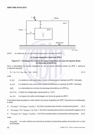 ZPR 2Parede
ZPR 1
Telhado
Nível do solo
dw
I0
dr
H2
IEC 2791/10
NOTA	 As distâncias dw e dr são determinadas para a fronteira de ZPR 2.
b) Campo magnético dentro de ZPR 2
Figura A.7 – Avaliação dos valores do campo magnético em caso de impacto direto
de descarga atmosférica
Para a intensidade do campo magnético H1 em um ponto arbitrário dentro da ZPR 1, aplica-se
a seguinte equação:
H1 = kh × I0 × wm /(dw ×√dr) (A/m)	 (A.1)
onde
dr (m)	 é a distância mais curta entre o ponto considerado e o telhado da ZPR 1 blindada;
dw (m)	 é a distância mais curta entre o ponto considerado e a parede da ZPR 1 blindada;
I0(A)	 é a intensidade da corrente da descarga atmosférica em ZPR 0A;
kh(1/√m)	 é ofator de configuração, tipicamente kh = 0,01;
wm (m)	 é a largura da malha da blindagem em forma de grade de ZPR 1.
O resultado desta equação é o valor máximo do campo magnético em ZPR 1 (levando em consideração
a nota):
●● H1/F/MÁX= kh×IF/MÁX × wm/(dw × √dr) (A/m) causado pelo primeiro componente positivo 	 (A.2)
●● H1/FN/MÁX = kh × IFN/MÁX × wm /(dw × √dr) (A/m) causado pelo primeiro componente negativo (A.3)
●● H1/S/MÁX= kh × IS/MÁX × wm/(dw × √dr) (A/m) causado pelos componentes subsequentes	 (A.4)
onde
IF/MÁX(A)	 é o valor máximo da corrente do primeiro componente positivo de acordo com o nível
de proteção;
40
ABNT NBR 5419-4:2015
© ABNT 2015 - Todos os direitos reservados
 