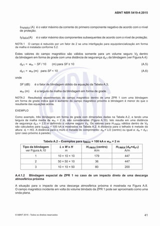 IFN/MÁX (A)	 é o valor máximo da corrente do primeiro componente negativo de acordo com o nível
de proteção;
IS/MÁX(A)	 é o valor máximo dos componentes subsequentes de acordo com o nível de proteção.
NOTA 1	 O campo é reduzido por um fator de 2 se uma interligação para equipotencialização em forma
de malha é instalada conforme 5.2.
Estes valores do campo magnético são válidos somente para um volume seguro VS dentro
da blindagem em forma de grade com uma distância de segurança ds/1 da blindagem (ver Figura A.4):
ds/1 = wm × SF / 10 (m) para SF ≥ 10	 (A.5)
ds/1 = wm (m) para SF < 10	 (A.6)
onde
SF (dB)	 é o fator de blindagem obtido da equação da Tabela A.3;
wm (m)	 é a largura da malha da blindagem em forma de grade.
NOTA 2	 Resultados experimentais do campo magnético dentro de uma ZPR 1 com uma blindagem
em forma de grade indica que o aumento do campo magnético próximo à blindagem é menor do que o
resultante das equações acima.
EXEMPLO
Como exemplo, três blindagens em forma de grade com dimensões dadas na Tabela A.2, e tendo uma
largura de malha media de wm  = 2 m, são consideradas (Figura A.10). Isto resulta em uma distância
de segurança ds/1 = 2,0 m definindo o volume seguro VS. Os valores para H1/MÁX válidos dentro de VS
são calculados para I0/MÁX = 100 kA e mostrados na Tabela A.2. A distância para o telhado é metade da
altura: dr = H/2. A distância para o muro é metade do comprimento: dw = L/2 (centro) ou igual a: dw = ds/1
(pior caso próximo à parede).
Tabela A.2 – Exemplos para I0MÁX = 100 kA e wm = 2 m
Tipo da blindagem
ver Figura A.10
L x W x H
m
H1/MÁX (centro)
A/m
H1/MÁX (dw=ds/1)
A/m
1 10 × 10 × 10 179 447
2 50 × 50 × 10 36 447
3 10 × 10 × 50 80 200
A.4.1.2	 Blindagem espacial de ZPR 1 no caso de um impacto direto de uma descarga
atmosférica próxima
A situação para o impacto de uma descarga atmosférica próxima é mostrada na Figura A.8.
O campo magnético incidente em volta do volume blindado da ZPR 1 pode ser aproximado como uma
onda plana.
41
ABNT NBR 5419-4:2015
© ABNT 2015 - Todos os direitos reservados
 