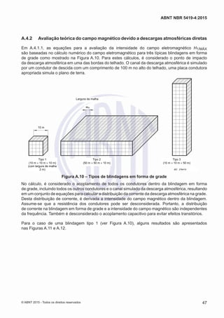 A.4.2	 Avaliação teórica do campo magnético devido a descargas atmosféricas diretas
Em A.4.1.1, as equações para a avaliação da intensidade do campo eletromagnético H1/MÁX
são baseadas no cálculo numérico do campo eletromagnético para três típicas blindagens em forma
de grade como mostrado na Figura A.10. Para estes cálculos, é considerado o ponto de impacto
da descarga atmosférica em uma das bordas do telhado. O canal da descarga atmosférica é simulado
por um condutor de descida com um comprimento de 100 m no alto do telhado, uma placa condutora
apropriada simula o plano de terra.
Tipo 1
(10 m × 10 m × 10 m)
(com largura de malha
2 m)
Tipo 2
(50 m × 50 m × 10 m)
Tipo 3
(10 m × 10 m × 50 m)
10 m
wm
Largura da malha
IEC 2794/10
Figura A.10 – Tipos de blindagens em forma de grade
No cálculo, é considerado o acoplamento de todos os condutores dentro da blindagem em forma
de grade, incluindo todos os outros condutores e o canal simulado da descarga atmosférica, resultando
em um conjunto de equações para calcular a distribuição da corrente da descarga atmosférica na grade.
Desta distribuição de corrente, é derivada a intensidade do campo magnético dentro da blindagem.
Assume-se que a resistência dos condutores pode ser desconsiderada. Portanto, a distribuição
de corrente na blindagem em forma de grade e a intensidade do campo magnético são independentes
da frequência. Também é desconsiderado o acoplamento capacitivo para evitar efeitos transitórios.
Para o caso de uma blindagem tipo 1 (ver Figura A.10), alguns resultados são apresentados
nas Figuras A.11 e A.12.
47
ABNT NBR 5419-4:2015
© ABNT 2015 - Todos os direitos reservados
 