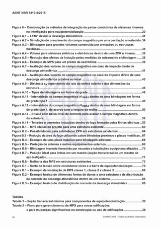 Tabelas
Tabela 1 – Seção transversal mínima para componentes de equipotencialização......................22
Tabela 2 – Plano para gerenciamento de MPS para novas edificações
e para mudanças significativas na construção ou uso de edificações.......................26
Figura 8 – Combinação de métodos de integração de partes condutivas de sistemas internos
na interligação para equipotencialização.......................................................................20
Figura A.1 – LEMP devido à descarga atmosférica........................................................................31
Figura A.2 – Simulação do crescimento do campo magnético por uma oscilação amortecida..34
Figura A.3 – Blindagem para grandes volumes construída por armações ou estruturas
metálicas............................................................................................................................35
Figura A.4 – Volume para sistemas elétricos e eletrônicos dentro de uma ZPR n interna.........36
Figura A.5 – Redução dos efeitos da indução pelas medidas de roteamento e blindagem.......38
Figura A.6 – Exemplo de MPS para um prédio de escritórios.......................................................39
Figura A.7 – Avaliação dos valores do campo magnético em caso de impacto direto de
descarga atmosférica.......................................................................................................41
Figura A.8 – Avaliação dos valores do campo magnético no caso do impacto direto de uma
descarga atmosférica próxima ao local..........................................................................43
Figura A.9 – Distância sa dependendo do raio da esfera rolante e das dimensões da
estrutura.............................................................................................................................46
Figura A.10 – Tipos de blindagens em forma de grade..................................................................48
Figura A.11 – Intensidade do campo magnético H1/MÁX dentro de uma blindagem em forma
de grade tipo 1...................................................................................................................49
Figura A.12 – Intensidade do campo magnético H1/MÁX dentro de uma blindagem em forma
de grade tipo 1, de acordo com a largura da malha......................................................50
Figura A.13 – Ensaio com baixo nível de corrente para avaliar o campo magnético dentro
da estrutura........................................................................................................................52
Figura A.14 – Tensões e correntes induzidas dentro do laço formado pelas linhas elétricas...53
Figura B.1 – MPS etapas do projeto para uma estrutura existente...............................................60
Figura B.2 – Possibilidades para estabelecer ZPR em estruturas existentes..............................64
Figura B.3 – Redução da área do laço utilizando cabos blindados próximos a placas metálicas...67
Figura B.4 – Exemplo de uma placa metálica para blindagem adicional.....................................68
Figura B.5 – Proteção de antenas e outros equipamentos externos............................................69
Figura B.6 – Blindagem inerente fornecida por escadas e tubulações equipotencializadas.....70
Figura B.7 – Posição ideal para linhas em um mastro (seção transversal de um mastro de
aço treliçado).....................................................................................................................71
Figura B.8 – Melhoria das MPS em estruturas existentes..............................................................73
Figura C.1 – Surto de tensão entre condutores vivos e a barra de equipotencialização............79
Figura D.1 – Exemplo de instalação de DPS classe 1, classe 2 e classe 3..................................84
Figura D.2 – Exemplo básico de diferentes fontes de danos a uma estrutura e de distribuição
da corrente da descarga atmosférica dentro de um sistema.......................................85
Figura D.3 – Exemplo básico de distribuição de corrente da descarga atmosférica..................86
vi
ABNT NBR 5419-4:2015
© ABNT 2015 - Todos os direitos reservados
 