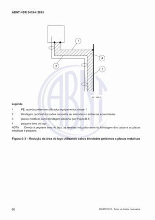 1
2
4
3
IEC 2805/10
Legenda
1	 PE, quando podem ser utilizados equipamentos classe 1
2	 blindagem opcional dos cabos necessita ser aterrada em ambas as extremidades
3	 placas metálicas como blindagem adicional (ver Figura B.4)
4	 pequena área do laço
NOTA	 Devido à pequena área do laço, as tensões induzidas entre da blindagem dos cabos e as placas
metálicas é pequena.
Figura B.3 – Redução da área do laço utilizando cabos blindados próximos a placas metálicas
66
ABNT NBR 5419-4:2015
© ABNT 2015 - Todos os direitos reservados
 