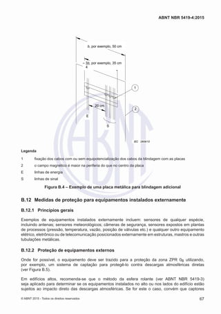 1
2
E
S
20 cm
b, por exemplo, 50 cm
≈ 3b, por exemplo, 35 cm
4
IEC 2806/10
Legenda
1	 fixação dos cabos com ou sem equipotencialização dos cabos da blindagem com as placas
2	 o campo magnético é maior na periferia do que no centro da placa
E	 linhas de energia
S	 linhas de sinal
Figura B.4 – Exemplo de uma placa metálica para blindagem adicional
B.12	 Medidas de proteção para equipamentos instalados externamente
B.12.1	 Princípios gerais
Exemplos de equipamentos instalados externamente incluem: sensores de qualquer espécie,
incluindo antenas; sensores meteorológicos; câmeras de segurança, sensores expostos em plantas
de processos (pressão, temperatura, vazão, posição de válvulas etc.) e qualquer outro equipamento
elétrico, eletrônico ou de telecomunicação posicionados externamente em estruturas, mastros e outras
tubulações metálicas.
B.12.2	 Proteção de equipamentos externos
Onde for possível, o equipamento deve ser trazido para a proteção da zona ZPR 0B utilizando,
por exemplo, um sistema de captação para protegê-lo contra descargas atmosféricas diretas
(ver Figura B.5).
Em edifícios altos, recomenda-se que o método da esfera rolante (ver ABNT NBR 5419-3)
seja aplicado para determinar se os equipamentos instalados no alto ou nos lados do edifício estão
sujeitos ao impacto direto das descargas atmosféricas. Se for este o caso, convém que captores
67
ABNT NBR 5419-4:2015
© ABNT 2015 - Todos os direitos reservados
 