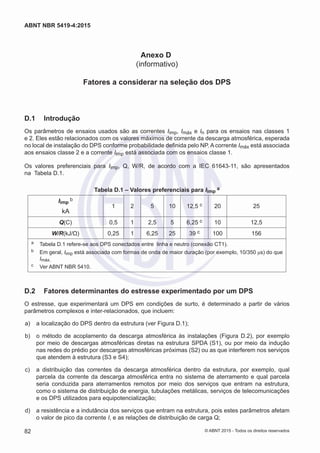 Anexo D
(informativo)
Fatores a considerar na seleção dos DPS
D.1	 Introdução
Os parâmetros de ensaios usados são as correntes Iimp, Imáx e In para os ensaios nas classes 1
e 2. Eles estão relacionados com os valores máximos de corrente da descarga atmosférica, esperada
no local de instalação do DPS conforme probabilidade definida pelo NP. A corrente Imáx está associada
aos ensaios classe 2 e a corrente Iimp está associada com os ensaios classe 1.
Os valores preferenciais para Iimp, Q, W/R, de acordo com a IEC 61643-11, são apresentados
na Tabela D.1.
Tabela D.1 – Valores preferenciais para Iimp
a
Iimp
b
kA
1 2 5 10 12,5 c 20 25
Q(C) 0,5 1 2,5 5 6,25 c 10 12,5
W/R(kJ/Ω) 0,25 1 6,25 25 39 c 100 156
a	 Tabela D.1 refere-se aos DPS conectados entre linha e neutro (conexão CT1).
b	 Em geral, Iimp está associada com formas de onda de maior duração (por exemplo, 10/350 μs) do que
Imáx.
c	 Ver ABNT NBR 5410.
D.2	 Fatores determinantes do estresse experimentado por um DPS
O estresse, que experimentará um DPS em condições de surto, é determinado a partir de vários
parâmetros complexos e inter-relacionados, que incluem:
 a)	 a localização do DPS dentro da estrutura (ver Figura D.1);
 b)	 o método de acoplamento da descarga atmosférica às instalações (Figura D.2), por exemplo
por meio de descargas atmosféricas diretas na estrutura SPDA (S1), ou por meio da indução
nas redes do prédio por descargas atmosféricas próximas (S2) ou as que interferem nos serviços
que atendem à estrutura (S3 e S4);
 c)	 a distribuição das correntes da descarga atmosférica dentro da estrutura, por exemplo, qual
parcela da corrente da descarga atmosférica entra no sistema de aterramento e qual parcela
seria conduzida para aterramentos remotos por meio dos serviços que entram na estrutura,
como o sistema de distribuição de energia, tubulações metálicas, serviços de telecomunicações
e os DPS utilizados para equipotencialização;
 d)	 a resistência e a indutância dos serviços que entram na estrutura, pois estes parâmetros afetam
o valor de pico da corrente I, e as relações de distribuição de carga Q;
82
ABNT NBR 5419-4:2015
© ABNT 2015 - Todos os direitos reservados
 