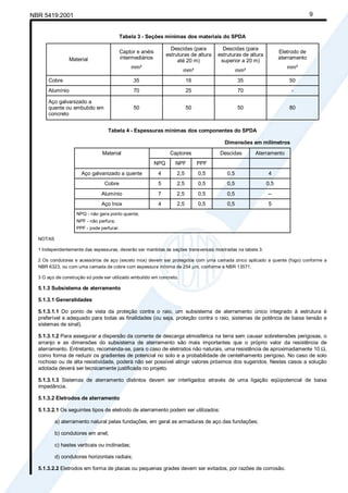 NBR 5419:2001 9
Tabela 3 - Seções mínimas dos materiais do SPDA
Material
Captor e anéis
intermediários
mm²
Descidas (para
estruturas de altura
até 20 m)
mm²
Descidas (para
estruturas de altura
superior a 20 m)
mm²
Eletrodo de
aterramento
mm²
Cobre 35 16 35 50
Alumínio 70 25 70 -
Aço galvanizado a
quente ou embutido em
concreto
50 50 50 80
Tabela 4 - Espessuras mínimas dos componentes do SPDA
Dimensões em milímetros
Captores Descidas AterramentoMaterial
NPQ NPF PPF
Aço galvanizado a quente 4 2,5 0,5 0,5 4
Cobre 5 2,5 0,5 0,5 0,5
Alumínio 7 2,5 0,5 0,5 --
Aço Inox 4 2,5 0,5 0,5 5
NPQ - não gera ponto quente;
NPF - não perfura;
PPF - pode perfurar.
NOTAS
1 Independentemente das espessuras, deverão ser mantidas as seções transversais mostradas na tabela 3.
2 Os condutores e acessórios de aço (exceto inox) devem ser protegidos com uma camada zinco aplicado a quente (fogo) conforme a
NBR 6323, ou com uma camada de cobre com espessura mínima de 254 µm, conforme a NBR 13571.
3 O aço de construção só pode ser utilizado embutido em concreto.
5.1.3 Subsistema de aterramento
5.1.3.1 Generalidades
5.1.3.1.1 Do ponto de vista da proteção contra o raio, um subsistema de aterramento único integrado à estrutura é
preferível e adequado para todas as finalidades (ou seja, proteção contra o raio, sistemas de potência de baixa tensão e
sistemas de sinal).
5.1.3.1.2 Para assegurar a dispersão da corrente de descarga atmosférica na terra sem causar sobretensões perigosas, o
arranjo e as dimensões do subsistema de aterramento são mais importantes que o próprio valor da resistência de
aterramento. Entretanto, recomenda-se, para o caso de eletrodos não naturais, uma resistência de aproximadamente 10 Ω,
como forma de reduzir os gradientes de potencial no solo e a probabilidade de centelhamento perigoso. No caso de solo
rochoso ou de alta resistividade, poderá não ser possível atingir valores próximos dos sugeridos. Nestes casos a solução
adotada deverá ser tecnicamente justificada no projeto.
5.1.3.1.3 Sistemas de aterramento distintos devem ser interligados através de uma ligação eqüipotencial de baixa
impedância.
5.1.3.2 Eletrodos de aterramento
5.1.3.2.1 Os seguintes tipos de eletrodo de aterramento podem ser utilizados:
a) aterramento natural pelas fundações, em geral as armaduras de aço das fundações;
b) condutores em anel;
c) hastes verticais ou inclinadas;
d) condutores horizontais radiais;
5.1.3.2.2 Eletrodos em forma de placas ou pequenas grades devem ser evitados, por razões de corrosão.
Cópia não autorizada
 