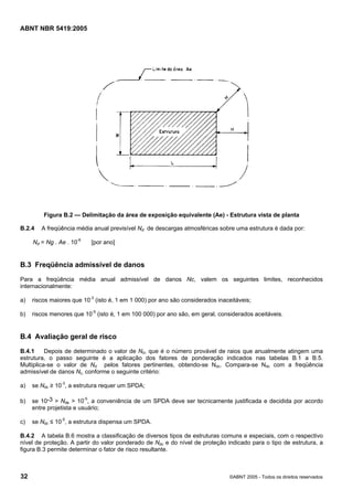 Cópia não autorizada

ABNT NBR 5419:2005

Figura B.2 — Delimitação da área de exposição equivalente (Ae) - Estrutura vista de planta
B.2.4

A freqüência média anual previsível Nd de descargas atmosféricas sobre uma estrutura é dada por:

Nd = Ng . Ae . 10-6

[por ano]

B.3 Freqüência admissível de danos
Para a freqüência média anual admissível de danos Nc, valem os seguintes limites, reconhecidos
internacionalmente:
a)

riscos maiores que 10-3 (isto é, 1 em 1 000) por ano são considerados inaceitáveis;

b)

riscos menores que 10-5 (isto é, 1 em 100 000) por ano são, em geral, considerados aceitáveis.

B.4 Avaliação geral de risco
B.4.1
Depois de determinado o valor de Nd, que é o número provável de raios que anualmente atingem uma
estrutura, o passo seguinte é a aplicação dos fatores de ponderação indicados nas tabelas B.1 a B.5.
Multiplica-se o valor de Nd pelos fatores pertinentes, obtendo-se Ndc. Compara-se Ndc com a freqüência
admissível de danos Nc, conforme o seguinte critério:
a)

se Ndc ≥ 10-3, a estrutura requer um SPDA;

b)

se 10-3 > Ndc > 10-5, a conveniência de um SPDA deve ser tecnicamente justificada e decidida por acordo
entre projetista e usuário;

c)

se Ndc ≤ 10-5, a estrutura dispensa um SPDA.

B.4.2 A tabela B.6 mostra a classificação de diversos tipos de estruturas comuns e especiais, com o respectivo
nível de proteção. A partir do valor ponderado de Ndc e do nível de proteção indicado para o tipo de estrutura, a
figura B.3 permite determinar o fator de risco resultante.

32

©ABNT 2005 - Todos os direitos reservados

 