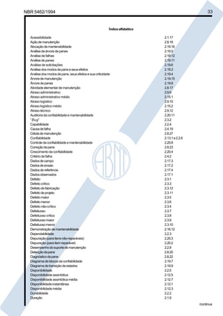 NBR 5462/1994 33 
Índice alfabético 
Acessibilidade 2.1.17 
Ação de manutenção 2.8.18 
Alocação de mantenabilidade 2.19.16 
Análise de árvore de panes 2.19.5 
Análise de falhas 2.19.12 
Análise de panes 2.19.11 
Análise de solicitações 2.19.6 
Análise dos modos de pane e seus efeitos 2.19.3 
Análise dos modos de pane, seus efeitos e sua criticidade 2.19.4 
Árvore de manutenção 2.19.15 
Árvore de panes 2.19.8 
Atividade elementar de manutenção 2.8.17 
Atraso administrativo 2.9.9 
Atraso administrativo médio 2.15.1 
Atraso logístico 2.9.10 
Atraso logístico médio 2.15.2 
Atraso técnico 2.9.12 
Auditoria da confiabilidade e mantenabilidade 2.20.11 
“Bug” 2.3.2 
Capabilidade 2.2.4 
Causa de falha 2.4.19 
Célula de manutenção 2.8.27 
Confiabilidade 2.13.1 e 2.2.6 
Controle da confiabilidade e mantenabilidade 2.20.8 
Correção da pane 2.8.23 
Crescimento da confiabilidade 2.20.4 
Critério de falha 2.4.2 
Dados de campo 2.17.3 
Dados de ensaio 2.17.2 
Dados de referência 2.17.4 
Dados observados 2.17.1 
Defeito 2.3.1 
Defeito critíco 2.3.3 
Defeito de fabricação 2.3.12 
Defeito de projeto 2.3.11 
Defeito maior 2.3.5 
Defeito menor 2.3.6 
Defeito não-crítico 2.3.4 
Defeituoso 2.3.7 
Defeituoso crítico 2.3.8 
Defeituoso maior 2.3.9 
Defeituoso menor 2.3.10 
Demonstração de mantenabilidade 2.16.12 
Dependabilidade 2.2.3 
Depuração (para itens não-reparáveis) 2.20.3 
Depuração (para item reparável) 2.20.2 
Desempenho do suporte de manutenção 2.2.8 
Detecção da pane 2.8.20 
Diagnóstico da pane 2.8.22 
Diagrama de blocos da confiabilidade 2.19.7 
Diagrama de transição de estados 2.19.9 
Disponibilidade 2.2.5 
Disponibilidade assintótica 2.12.5 
Disponibilidade assintótica média 2.12.7 
Disponibilidade instantânea 2.12.1 
Disponibilidade média 2.12.3 
Durabilidade 2.2.2 
Duração 2.1.9 
/continua 
Cópia não autorizada 
 