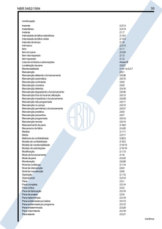 NBR 5462/1994 35 
/continuação 
Inerente 2.21.5 
Instantâneo 2.21.9 
Instante 2.1.7 
Intensidade de falha instantânea 2.13.4 
Intensidade de falha média 2.13.5 
Intervalo de tempo 2.1.8 
Intrínseco 2.21.5 
Item 2.1.1 
Item em pane 2.5.24 
Item não-reparado 2.1.3 
Item reparado 2.1.2 
Lista de símbolos e abreviações Anexo B 
Localização da pane 2.8.21 
Mantenabilidade 2.14.1 e 2.2.7 
Manutenção 2.8.1 
Manutenção afetando o funcionamento 2.8.28 
Manutenção automática 2.8.15 
Manutenção controlada 2.8.9 
Manutenção corretiva 2.8.8 
Manutenção deferida 2.8.16 
Manutenção degradando o funcionamento 2.8.30 
Manutenção fora do local de utilização 2.8.13 
Manutenção impedindo o funcionamento 2.8.29 
Manutenção não-programada 2.8.11 
Manutenção no campo 2.8.12 
Manutenção permitindo o funcionamento 2.8.31 
Manutenção preditiva 2.8.9 
Manutenção preventiva 2.8.7 
Manutenção programada 2.8.10 
Manutenção remota 2.8.14 
Mascaramento de pane 2.18.6 
Mecanismo de falha 2.4.20 
Medida 2.1.11 
Médio 2.21.7 
Melhoria da confiabilidade 2.20.5 
Modelo de confiabilidade 2.19.2 
Modelo de mantenabilidade 2.19.13 
Modelo de solicitações 2.19.10 
Modificação 2.1.13 
Modo de funcionamento 2.1.6 
Modo de pane 2.5.23 
Monitoração 2.8.26 
Nível de confiança 2.1.14 
Nível de intervenção 2.8.5 
Nível de manutenção 2.8.6 
Operação 2.1.12 
Operacional 2.21.6 
Pane 2.5.1 
Pane completa 2.5.14 
Pane crítica 2.5.2 
Pane de fabricação 2.5.10 
Pane de projeto 2.5.9 
Pane determinada 2.5.19 
Pane evidenciada por dados 2.5.13 
Pane evidenciada por programa 2.5.12 
Pane indeterminada 2.5.20 
Pane intermitente 2.5.18 
Pane latente 2.5.21 
/continua 
Cópia não autorizada 
 