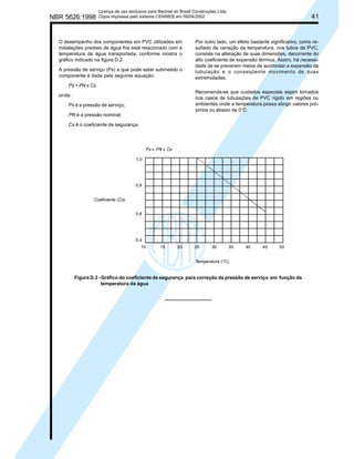 NBR 5626:1998

Licença de uso exclusivo para Bechtel do Brasil Construções Ltda.
Cópia impressa pelo sistema CENWEB em 09/04/2002

O desempenho dos componentes em PVC utilizados em
instalações prediais de água fria está relacionado com a
temperatura da água transportada, conforme mostra o
gráfico indicado na figura D.2.
A pressão de serviço (Ps) a que pode estar submetido o
componente é dada pela seguinte equação:

41

Por outro lado, um efeito bastante significativo, como resultado da variação da temperatura, nos tubos de PVC,
consiste na alteração de suas dimensões, decorrente do
alto coeficiente de expansão térmica. Assim, há necessidade de se preverem meios de acomodar a expansão da
tubulação e o conseqüente movimento de suas
extremidades.

Ps = PN x Cs
onde:
Ps é a pressão de serviço;

Recomenda-se que cuidados especiais sejam tomados
nos casos de tubulações de PVC rígido em regiões ou
ambientes onde a temperatura possa atingir valores próximos ou abaixo de 0°C.

PN é a pressão nominal;
Cs é o coeficiente de segurança.

Figura D.2 - Gráfico do coeficiente de segurança para correção da pressão de serviço em função da
temperatura da água

 
