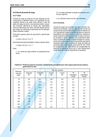 29

NBR 5626:1998

A.2 Cálculo da perda de carga

Q é a vazão estimada na seção considerada, em litros por segundo;

A.2.1 Tubos

d é o diâmetro interno do tubo, em milímetros.

A perda de carga ao longo de um tubo depende do seu
comprimento e diâmetro interno, da rugosidade da sua
superfície interna e da vazão. Para calcular o valor da
perda de carga nos tubos, recomenda-se utilizar a equação universal, obtendo-se os valores das rugosidades
junto aos fabricantes dos tubos. Na falta dessa informação, podem ser utilizadas as expressões de Fair-WhippleHsiao indicadas a seguir.

A.2.2 Conexões

Cóp
ia im
pres
sa p
elo S
istem
a CE
NWI
N

A perda de carga nas conexões que ligam os tubos, formando as tubulações, deve ser expressa em termos de
comprimentos equivalentes desses tubos. As tabelas A.2
e A.3 apresentam esses comprimentos para os casos de
equivalência com tubos rugosos e tubos lisos, respectivamente. Quando for impraticável prever os tipos e números
de conexões a serem utilizadas, um procedimento alternativo consiste em estimar uma porcentagem do comprimento real da tubulação como o comprimento equivalente
necessário para cobrir as perdas de carga em todas as
conexões; essa porcentagem pode variar de 10% a 40%
do comprimento real, dependendo da complexidade de
desenho da tubulação, sendo que o valor efetivamente
usado depende muito da experiência do projetista.

Para tubos rugosos (tubos de aço-carbono, galvanizado
ou não):
J = 20,2 x 106 x Q 1,88 x d - 4,88
Para tubos lisos (tubos de plástico, cobre ou liga de cobre):
J = 8,69 x 106 x Q1,75 x d - 4,75
onde:
J é a perda de carga unitária, em quilopascals por
metro;

Tabela A.2 - Perda de carga em conexões - Comprimento equivalente para tubo rugoso (tubo de aço-carbono,
galvanizado ou não)
Tipo de conexão
Cotovelo
90°

Cotovelo
45°

Curva
90°

Curva
45°

Tê
passagem
direta

Tê
passagem
lateral

15

0,5

0,2

0,3

0,2

0,1

0,7

20

0,7

0,3

0,5

0,3

0,1

1,0

25

0,9

0,4

0,7

0,4

0,2

1,4

32

1,2

0,5

0,8

0,5

0,2

1,7

40

1,4

0,6

1,0

0,6

0,2

2,1

50

1,9

0,9

1,4

0,8

0,3

2,7

65

2,4

1,1

1,7

1,0

0,4

3,4

80

2,8

1,3

2,0

1,2

0,5

4,1

100

3,8

1,7

2,7

...

0,7

5,5

125

4,7

2,2

...

...

0,8

6,9

150

5,6

2,6

4,0

...

1,0

8,2

Cóp
ia im
pres
sa p
elo S
istem
a CE
NWI
N

Diâmetro
nominal
(DN)

 