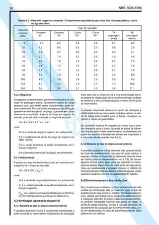 NBR 5626:1998

30

Tabela A.3 - Perda de carga em conexões - Comprimento equivalente para tubo liso (tubo de plástico, cobre
ou liga de cobre)
Diâmetro
nominal
(DN)

Tipo de conexão
Cotovelo
90°

Cotovelo
45°

Curva
90°

Curva
45°

Tê
passagem
direta

Tê
passagem
lateral

N
NWI
a CE
istem
elo S
sa p
pres
ia im
Cóp
15

1,1

0,4

0,4

0,2

0,7

2,3

20

1,2

0,5

0,5

0,3

0,8

2,4

25

1,5

0,7

0,6

0,4

0,9

3,1

32

2,0

1,0

0,7

0,5

1,5

4,6

40

3,2

1,0

1,2

0,6

2,2

7,3

50

3,4

1,3

1,3

0,7

2,3

7,6

65

3,7

1,7

1,4

0,8

2,4

7,8

80

3,9

1,8

1,5

0,9

2,5

8,0

100

4,3

1,9

1,6

1,0

2,6

8,3

125

4,9

2,4

1,9

1,1

3,3

10,0

150

5,4

2,6

2,1

1,2

3,8

11,1

A.2.3 Registros
Os registros de fechamento, geralmente utilizados na condição de passagem plena, apresentam perda de carga
pequena que, para efeito deste procedimento, pode ser
desconsiderada. Por outro lado, os registros de utilização
apresentam elevada perda de carga, que deve ser cuidadosamente computada. A perda de carga em registro de
pressão pode ser obtida através da seguinte equação:

entre dois nós ou entre um nó e uma extremidade da rede predial de distribuição deve ser dimensionado na base
de tentativa e erro, começando pelo primeiro trecho junto
ao reservatório.
A pressão disponível residual no ponto de utilização é
obtida subtraindo-se da pressão inicial os valores de perda de carga determinados para os tubos, conexões, registros e outras singularidades.

∆h = 8 x 106 x K x Q 2 x π -2 x d -4
onde:

∆h é a perda de carga no registro, em quilopascal;
K é o coeficiente de perda de carga do registro (ver
NBR 10071);

d é o diâmetro interno da tubulação, em milímetros.
A.2.4 Hidrômetros
A perda de carga em hidrômetro pode ser estimada empregando-se a seguinte equação:

∆h = (36 x Q)2 x (Qmáx.) -2
onde:

∆h é a perda de carga no hidrômetro, em quilopascal;
Q é a vazão estimada na seção considerada, em litros por segundo;
Qmáx. é a vazão máxima especificada para o hidrômetro, em metros cúbicos por hora (ver tabela A.4).

A.3 Verificação da pressão disponível
A.3.1 Sistema de tipo de abastecimento indireto
A pressão disponível inicial é usualmente considerada a
partir da saída do reservatório. Cada trecho de tubulação

A.3.2 Sistema de tipo de abastecimento direto

N
NWI
a CE
istem
elo S
sa p
pres
ia im
Cóp

Q é a vazão estimada na seção considerada, em litros por segundo;

Se a pressão residual for negativa ou menor que a pressão requerida para o ponto, ou ainda se tubos de diâmetros impraticáveis forem determinados, os diâmetros dos
tubos dos trechos antecedentes devem ser majorados e
a rotina de cálculo repetida (ver A.4.3).

A pressão disponível inicial depende das características
da fonte de abastecimento. No caso de rede pública, a
pressão mínima no momento de demanda máxima deve
ser obtida junto à concessionária (ver 5.1.3). Se houver
alguma dúvida sobre esse valor ser mantido no futuro,
deve-se aplicar algum tipo de coeficiente de segurança.
Uma vez estabelecida a pressão mínima, o método de
dimensionamento das tubulações é idêntico àquele usado
quando o sistema é do tipo de abastecimento indireto.

A.4 Dimensionamento das tubulações

Os princípios que embasam o dimensionamento da rede
predial de distribuição são os mesmos, quer o tipo de
abastecimento seja direto ou indireto. Fórmulas exponenciais, válidas para tubos novos, estão arranjadas de modo
a relacionar diâmetro de tubo e vazão (conseqüentemente, também velocidade máxima) com perda de carga. A
perda de carga adicional, devida à redução da seção de
escoamento da tubulação por envelhecimento desta, pode ser desprezada, no caso de tubo transportando água
potável em um edifício.

 