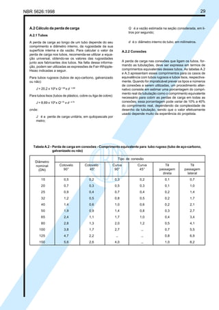 NBR 5626:1998 29
A.2 Cálculo da perda de carga
A.2.1 Tubos
A perda de carga ao longo de um tubo depende do seu
comprimento e diâmetro interno, da rugosidade da sua
superfície interna e da vazão. Para calcular o valor da
perda de carga nos tubos, recomenda-se utilizar a equa-
ção universal, obtendo-se os valores das rugosidades
junto aos fabricantes dos tubos. Na falta dessa informa-
ção, podem ser utilizadas as expressões de Fair-Whipple-
Hsiao indicadas a seguir.
Para tubos rugosos (tubos de aço-carbono, galvanizado
ou não):
J = 20,2 x 106
x Q 1,88
x d - 4,88
Para tubos lisos (tubos de plástico, cobre ou liga de cobre):
J = 8,69 x 106
x Q1,75
x d - 4,75
onde:
J é a perda de carga unitária, em quilopascals por
metro;
Q é a vazão estimada na seção considerada, em li-
tros por segundo;
d é o diâmetro interno do tubo, em milímetros.
A.2.2 Conexões
A perda de carga nas conexões que ligam os tubos, for-
mando as tubulações, deve ser expressa em termos de
comprimentos equivalentes desses tubos. As tabelas A.2
e A.3 apresentam esses comprimentos para os casos de
equivalência com tubos rugosos e tubos lisos, respectiva-
mente. Quando for impraticável prever os tipos e números
de conexões a serem utilizadas, um procedimento alter-
nativo consiste em estimar uma porcentagem do compri-
mento real da tubulação como o comprimento equivalente
necessário para cobrir as perdas de carga em todas as
conexões; essa porcentagem pode variar de 10% a 40%
do comprimento real, dependendo da complexidade de
desenho da tubulação, sendo que o valor efetivamente
usado depende muito da experiência do projetista.
Tabela A.2 - Perda de carga em conexões - Comprimento equivalente para tubo rugoso (tubo de aço-carbono,
galvanizado ou não)
Tipo de conexão
Cotovelo Cotovelo Curva Curva Tê Tê
90° 45° 90° 45° passagem passagem
direta lateral
15 0,5 0,2 0,3 0,2 0,1 0,7
20 0,7 0,3 0,5 0,3 0,1 1,0
25 0,9 0,4 0,7 0,4 0,2 1,4
32 1,2 0,5 0,8 0,5 0,2 1,7
40 1,4 0,6 1,0 0,6 0,2 2,1
50 1,9 0,9 1,4 0,8 0,3 2,7
65 2,4 1,1 1,7 1,0 0,4 3,4
80 2,8 1,3 2,0 1,2 0,5 4,1
100 3,8 1,7 2,7 ... 0,7 5,5
125 4,7 2,2 ... ... 0,8 6,9
150 5,6 2,6 4,0 ... 1,0 8,2
Diâmetro
nominal
(DN)
Cópia não autorizada
 