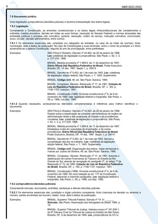NBR 6023:20028
7.9 Documento jurídico
Inclui legislação, jurisprudência (decisões judiciais) e doutrina (interpretação dos textos legais).
7.9.1 Legislação
Compreende a Constituição, as emendas constitucionais e os textos legais infraconstitucionais (lei complementar e
ordinária, medida provisória, decreto em todas as suas formas, resolução do Senado Federal) e normas emanadas das
entidades públicas e privadas (ato normativo, portaria, resolução, ordem de serviço, instrução normativa, comunicado,
aviso, circular, decisão administrativa, entre outros).
7.9.1.1 Os elementos essenciais são: jurisdição (ou cabeçalho da entidade, no caso de se tratar de normas), título,
numeração, data e dados da publicação. No caso de Constituições e suas emendas, entre o nome da jurisdição e o título,
acrescenta-se a palavra Constituição, seguida do ano de promulgação, entre parênteses.
Exemplos: SÃO PAULO (Estado). Decreto n
o
42.822, de 20 de janeiro de 1998.
Lex: coletânea de legislação e jurisprudência, São Paulo, v. 62, n. 3,
p. 217-220, 1998.
BRASIL. Medida provisória n
o
1.569-9, de 11 de dezembro de 1997.
Diário Oficial [da] República Federativa do Brasil, Poder Executivo,
Brasília, DF, 14 dez. 1997. Seção 1, p. 29514.
BRASIL. Decreto-lei no
5.452, de 1 de maio de 1943. Lex: coletânea
de legislação: edição federal, São Paulo, v. 7, 1943. Suplemento.
BRASIL. Código civil. 46. ed. São Paulo: Saraiva, 1995.
BRASIL. Congresso. Senado. Resolução n
o
17, de 1991. Coleção de
Leis da República Federativa do Brasil, Brasília, DF, v. 183, p.
1156-1157, maio/jun. 1991.
BRASIL. Constituição (1988). Emenda constitucional n
o
9, de 9 de
novembro de 1995. Lex: legislação federal e marginália, São Paulo, v.
59, p. 1966, out./dez. 1995.
7.9.1.2 Quando necessário, acrescentam-se elementos complementares à referência para melhor identificar o
documento.
Exemplos: SÃO PAULO (Estado). Decreto n
o
42.822, de 20 de janeiro de 1998.
Dispõe sobre a desativação de unidades administrativas de órgãos da
administração direta e das autarquias do Estado e dá providências
correlatas. Lex: coletânea de legislação e jurisprudência, São Paulo,
v. 62, n. 3, p. 217-220, 1998.
BRASIL. Medida provisória no
1.569-9, de 11 de dezembro de 1997.
Estabelece multa em operações de importação, e dá outras
providências. Diário Oficial [da] República Federativa do Brasil,
Poder Executivo, Brasília, DF, 14 dez. 1997. Seção 1, p. 29514.
BRASIL. Decreto-lei n
o
5.452, de 1 de maio de 1943. Aprova a
consolidação das leis do trabalho. Lex: coletânea de legislação:
edição federal, São Paulo, v. 7, 1943. Suplemento.
BRASIL. Código civil. Organização dos textos, notas remissivas e
índices por Juarez de Oliveira. 46. ed. São Paulo: Saraiva, 1995.
BRASIL. Congresso. Senado. Resolução no
17, de 1991. Autoriza o
desbloqueio de Letras Financeiras do Tesouro do Estado do Rio
Grande do Sul, através de revogação do parágrafo 2o
, do artigo 1o
da
Resolução no
72, de 1990. Coleção de Leis da República Federativa
do Brasil, Brasília, DF, v. 183, p. 1156-1157, maio/jun. 1991.
BRASIL. Constituição (1988). Emenda constitucional n
o
9, de 9 de
novembro de 1995. Dá nova redação ao art. 177 da Constituição
Federal, alterando e inserindo parágrafos. Lex: legislação federal e
marginália, São Paulo, v. 59, p. 1966, out./dez. 1995.
7.9.2 Jurisprudência (decisões judiciais)
Compreende súmulas, enunciados, acórdãos, sentenças e demais decisões judiciais.
7.9.2.1 Os elementos essenciais são: jurisdição e órgão judiciário competente, título (natureza da decisão ou ementa) e
número, partes envolvidas (se houver), relator, local, data e dados da publicação.
Exemplos: BRASIL. Supremo Tribunal Federal. Súmula n
o
14. In: ______.
Súmulas. São Paulo: Associação dos Advogados do Brasil, 1994. p.
16.
BRASIL. Superior Tribunal de Justiça. Habeas-corpus no
181.636-1,
da 6a
Câmara Cível do Tribunal de Justiça do Estado de São Paulo,
Brasília, DF, 6 de dezembro de 1994. Lex: jurisprudência do STJ e
Cópia não autorizada
 