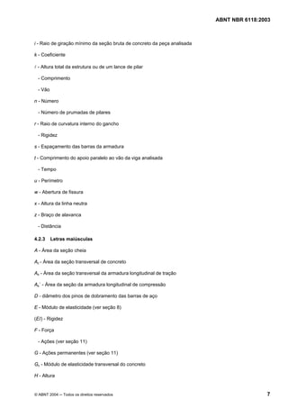 Licença de uso exclusivo para Petrobrás S/A
 Cópia impressa pelo Sistema Target CENWeb
                                                                          ABNT NBR 6118:2003



i - Raio de giração mínimo da seção bruta de concreto da peça analisada

k - Coeficiente

l - Altura total da estrutura ou de um lance de pilar

 - Comprimento

 - Vão

n - Número

 - Número de prumadas de pilares

r - Raio de curvatura interno do gancho

 - Rigidez

s - Espaçamento das barras da armadura

t - Comprimento do apoio paralelo ao vão da viga analisada

 - Tempo

u - Perímetro

w - Abertura de fissura

x - Altura da linha neutra

z - Braço de alavanca

 - Distância

4.2.3    Letras maiúsculas

A - Área da seção cheia

Ac - Área da seção transversal de concreto

As - Área da seção transversal da armadura longitudinal de tração

As´ - Área da seção da armadura longitudinal de compressão

D - diâmetro dos pinos de dobramento das barras de aço

E - Módulo de elasticidade (ver seção 8)

(EI) - Rigidez

F - Força

 - Ações (ver seção 11)

G - Ações permanentes (ver seção 11)

Gc - Módulo de elasticidade transversal do concreto

H - Altura


© ABNT 2004 ─ Todos os direitos reservados                                                7
 