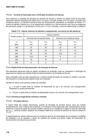 Licença de uso exclusivo para Petrobrás S/A
Cópia impressa pelo Sistema Target CENWeb
ABNT NBR 6118:2003



17.3.3.3   Controle da fissuração sem a verificação da abertura de fissuras

Para dispensar a avaliação da grandeza da abertura de fissuras e atender ao estado limite de fissuração
(aberturas máximas esperadas da ordem de 0,3 mm para o concreto armado e 0,2 mm para o concreto com
armaduras ativas), um elemento estrutural deve ser dimensionado respeitando as restrições da tabela 17.2
quanto ao diâmetro máximo (φmáx) e ao espaçamento máximo (smáx) das armaduras, bem como as exigências
de cobrimento (seção 7) e de armadura mínima (ver 17.3.5.2). A tensão σs deve ser determinada no estádio II.

        Tabela 17.2 - Valores máximos de diâmetro e espaçamento, com barras de alta aderência

                                                          Valores máximos
       Tensão na barra
                             Concreto sem armaduras ativas           Concreto com armaduras ativas

              σs                 φmáx               smáx                φmáx                   smáx
             MPa                 mm                  cm                 mm                     cm
             160                  32                 30                     25                 20
             200                  25                 25                     16                 15
             240                  16                 20                 12,5                   10
             280                 12,5                15                     8                   5
             320                  10                 10                     6                    -
             360                  8                  6                      -                    -

17.3.4 Estado limite de descompressão e de formação de fissuras

Nos elementos estruturais onde se utilizam armaduras de protensão, pode ser necessária a verificação da
segurança em relação aos estados limites de descompressão e de formação de fissuras.

Essa verificação pode ser feita calculando-se a máxima tensão de tração do concreto no estádio I (concreto
não fissurado e comportamento elástico linear dos materiais).

Na falta de valores mais precisos, podem ser adotados:

      αe = 15 para a razão entre os módulos de elasticidade do aço e do concreto com carregamentos
      freqüentes ou quase permanentes;

      αe = 10 para a razão entre os módulos de elasticidade do aço e do concreto com carregamentos raros.

17.3.5 Armaduras longitudinais máximas e mínimas

17.3.5.1   Princípios básicos

A ruptura frágil das seções transversais, quando da formação da primeira fissura, deve ser evitada
considerando-se, para o cálculo das armaduras, um momento mínimo dado pelo valor correspondente ao que
produziria a ruptura da seção de concreto simples, supondo que a resistência à tração do concreto seja dada
por fctk,sup., devendo também obedecer às condições relativas ao controle da abertura de fissuras dadas em
17.3.3.

A especificação de valores máximos para as armaduras decorre da necessidade de se assegurar condições
de dutilidade e de se respeitar o campo de validade dos ensaios que deram origem às prescrições de
funcionamento do conjunto aço-concreto.




116                                                                     © ABNT 2004 ─ Todos os direitos reservados
 