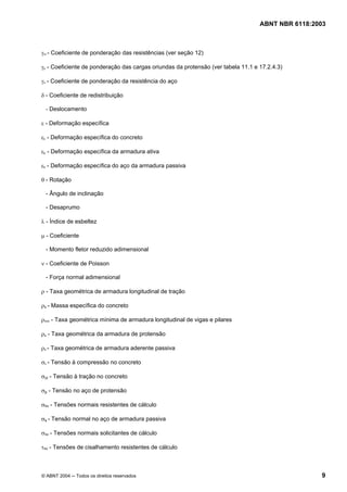 Licença de uso exclusivo para Petrobrás S/A
 Cópia impressa pelo Sistema Target CENWeb
                                                                                   ABNT NBR 6118:2003



γm - Coeficiente de ponderação das resistências (ver seção 12)

γp - Coeficiente de ponderação das cargas oriundas da protensão (ver tabela 11.1 e 17.2.4.3)

γs - Coeficiente de ponderação da resistência do aço

δ - Coeficiente de redistribuição

 - Deslocamento

ε - Deformação específica

εc - Deformação específica do concreto

εp - Deformação específica da armadura ativa

εs - Deformação específica do aço da armadura passiva

θ - Rotação

 - Ângulo de inclinação

 - Desaprumo

λ - Índice de esbeltez

µ - Coeficiente

 - Momento fletor reduzido adimensional

ν - Coeficiente de Poisson

 - Força normal adimensional

ρ - Taxa geométrica de armadura longitudinal de tração

ρc - Massa específica do concreto

ρmín - Taxa geométrica mínima de armadura longitudinal de vigas e pilares

ρp - Taxa geométrica da armadura de protensão

ρs - Taxa geométrica de armadura aderente passiva

σc - Tensão à compressão no concreto

σct - Tensão à tração no concreto

σp - Tensão no aço de protensão

σRd - Tensões normais resistentes de cálculo

σs - Tensão normal no aço de armadura passiva

σSd - Tensões normais solicitantes de cálculo

τRd - Tensões de cisalhamento resistentes de cálculo



© ABNT 2004 ─ Todos os direitos reservados                                                         9
 