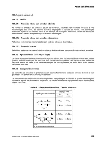 Licença de uso exclusivo para Petrobrás S/A
Cópia impressa pelo Sistema Target CENWeb
                                                                                 ABNT NBR 6118:2003



18.6.2 Arranjo transversal

18.6.2.1    Bainhas

18.6.2.1.1 Protensão interna com armadura aderente

As bainhas da armadura de protensão devem ser metálicas, projetadas com diâmetro adequado à livre
movimentação dos cabos, ao sistema executivo empregado e capazes de resistir, sem deformação
apreciável, à pressão do concreto fresco e aos esforços de montagem. Além disso, devem ser estanques
relativamente à pasta e à argamassa por ocasião da concretagem.

18.6.2.1.2 Protensão interna com armadura não aderente

As bainhas podem ser de material plástico com proteção adequada da armadura.

18.6.2.1.3 Protensão externa

As bainhas podem ser de material plástico resistente às intempéries e com proteção adequada da armadura.

18.6.2.2    Agrupamento de cabos na pós-tração

Os cabos alojados em bainhas podem constituir grupos de dois, três e quatro cabos nos trechos retos, desde
que não ocorram disposições em linha com mais de dois cabos adjacentes. Nos trechos curvos podem ser
dispostos apenas em pares, cujas curvaturas estejam em planos paralelos, de modo a não existir pressão
transversal entre eles.

18.6.2.3    Espaçamentos mínimos

Os elementos da armadura de protensão devem estar suficientemente afastados entre si, de modo a ficar
garantido o seu perfeito envolvimento pelo concreto.

Os afastamentos na direção horizontal visam permitir a livre passagem do concreto e, quando for empregado
vibrador de agulha, a sua introdução e operação. Os valores mínimos dos espaçamentos estão indicados nas
tabelas 18.1 e 18.2.

                          Tabela 18.1 - Espaçamentos mínimos - Caso de pós-tração




© ABNT 2004 ─ Todos os direitos reservados                                                           139
 