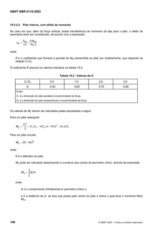 Licença de uso exclusivo para Petrobrás S/A
Cópia impressa pelo Sistema Target CENWeb
ABNT NBR 6118:2003



19.5.2.2      Pilar interno, com efeito de momento

No caso em que, além da força vertical, existe transferência de momento da laje para o pilar, o efeito de
assimetria deve ser considerado, de acordo com a expressão:

              FSd K MSd
      τSd =      +
              ud   Wp d


onde:

      K é o coeficiente que fornece a parcela de MSd transmitida ao pilar por cisalhamento, que depende da
      relação C1/C2.

O coeficiente K assume os valores indicados na tabela 19.2.

                                              Tabela 19.2 - Valores de K

               C1/C2                  0,5                  1,0             2,0                    3,0
                 K                   0,45                  0,60            0,70                   0,80
      Onde:
      C1 é a dimensão do pilar paralela à excentricidade da força;
      C2 é a dimensão do pilar perpendicular à excentricidade da força.



Os valores de Wp devem ser calculados pelas expressões a seguir:

Para um pilar retangular:

                2
              C1
      Wp =        + C1 C 2 + 4 C 2 d + 16 d 2 + 2π d C1
               2

Para um pilar circular:

      Wp = (D + 4d )
                         2



onde:

      D é o diâmetro do pilar.

      Wp pode ser calculado desprezando a curvatura dos cantos do perímetro crítico, através da expressão:

                     u
           Wp =      ∫ e dl
                     0


      onde:

           dl é o comprimento infinitesimal no perímetro crítico u;

           e é a distância de dl ao eixo que passa pelo centro do pilar e sobre o qual atua o momento fletor
           MSd.




146                                                                        © ABNT 2004 ─ Todos os direitos reservados
 