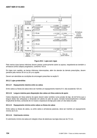 Licença de uso exclusivo para Petrobrás S/A
Cópia impressa pelo Sistema Target CENWeb
ABNT NBR 6118:2003




                                        Figura 20.2 - Lajes sem vigas

Pelo menos duas barras inferiores devem passar continuamente sobre os apoios, respeitando-se também a
armadura contra colapso progressivo, conforme 19.5.4.

Em lajes com capitéis, as barras inferiores interrompidas, além de atender às demais prescrições, devem
penetrar pelo menos 30 cm ou 24 φ no capitel.

Devem ser atendidas as condições de ancoragem prescritas na seção 9.

20.3.2 Lajes protendidas

20.3.2.1   Espaçamento máximo entre os cabos

Entre cabos ou feixes de cabos deve ser mantido um espaçamento máximo 6 h, não excedendo 120 cm.

20.3.2.2   Largura máxima para disposição dos cabos em faixa externa de apoio

Cabos dispostos em faixa externa de apoio devem estar contidos numa porção de laje, de tal forma que a
largura desta não ultrapasse a dimensão em planta do pilar de apoio, tomada transversalmente à direção
longitudinal da faixa, acrescida de 3,5 vezes a espessura da laje para cada um dos lados do pilar.

20.3.2.3   Espaçamento mínimo entre cabos ou feixes de cabos

Entre cabos ou feixes de cabos, ou entre cabos e armaduras passivas, deve ser mantido um espaçamento
mínimo de 5 cm.

20.3.2.4   Cobrimento mínimo

O cobrimento mínimo de cabos em relação à face de aberturas nas lajes deve ser de 7,5 cm.




154                                                                     © ABNT 2004 ─ Todos os direitos reservados
 