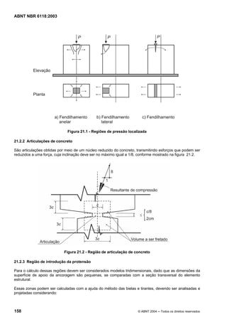 Licença de uso exclusivo para Petrobrás S/A
Cópia impressa pelo Sistema Target CENWeb

ABNT NBR 6118:2003




                               Figura 21.1 - Regiões de pressão localizada

21.2.2 Articulações de concreto

São articulações obtidas por meio de um núcleo reduzido do concreto, transmitindo esforços que podem ser
reduzidos a uma força, cuja inclinação deve ser no máximo igual a 1/8, conforme mostrado na figura 21.2.




                             Figura 21.2 - Região de articulação de concreto

21.2.3 Região de introdução da protensão

Para o cálculo dessas regiões devem ser considerados modelos tridimensionais, dado que as dimensões da
superfície de apoio da ancoragem são pequenas, se comparadas com a seção transversal do elemento
estrutural.

Essas zonas podem ser calculadas com a ajuda do método das bielas e tirantes, devendo ser analisadas e
projetadas considerando:



158                                                                  © ABNT 2004 ─ Todos os direitos reservados
 