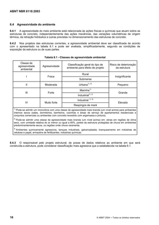 Licença de uso exclusivo para Petrobrás S/A
Cópia impressa pelo Sistema Target CENWeb
ABNT NBR 6118:2003



6.4       Agressividade do ambiente

6.4.1 A agressividade do meio ambiente está relacionada às ações físicas e químicas que atuam sobre as
estruturas de concreto, independentemente das ações mecânicas, das variações volumétricas de origem
térmica, da retração hidráulica e outras previstas no dimensionamento das estruturas de concreto.

6.4.2 Nos projetos das estruturas correntes, a agressividade ambiental deve ser classificada de acordo
com o apresentado na tabela 6.1 e pode ser avaliada, simplificadamente, segundo as condições de
exposição da estrutura ou de suas partes.

                               Tabela 6.1 - Classes de agressividade ambiental

            Classe de
                                                    Classificação geral do tipo de          Risco de deterioração
          agressividade       Agressividade
                                                   ambiente para efeito de projeto              da estrutura
            ambiental
                                                                 Rural
                I                 Fraca                                                          Insignificante
                                                              Submersa

               II               Moderada                      Urbana1), 2)                          Pequeno

                                                              Marinha1)
               III                Forte                                                              Grande
                                                             Industrial1), 2)
                                                            Industrial 1), 3)
               IV              Muito forte                                                          Elevado
                                                         Respingos de maré
     1)
       Pode-se admitir um microclima com uma classe de agressividade mais branda (um nível acima) para ambientes
     internos secos (salas, dormitórios, banheiros, cozinhas e áreas de serviço de apartamentos residenciais e
     conjuntos comerciais ou ambientes com concreto revestido com argamassa e pintura).
     2)
       Pode-se admitir uma classe de agressividade mais branda (um nível acima) em: obras em regiões de clima
     seco, com umidade relativa do ar menor ou igual a 65%, partes da estrutura protegidas de chuva em ambientes
     predominantemente secos, ou regiões onde chove raramente.
     3)
        Ambientes quimicamente agressivos, tanques industriais, galvanoplastia, branqueamento em indústrias de
     celulose e papel, armazéns de fertilizantes, indústrias químicas.



6.4.3 O responsável pelo projeto estrutural, de posse de dados relativos ao ambiente em que será
construída a estrutura, pode considerar classificação mais agressiva que a estabelecida na tabela 6.1.




16                                                                              © ABNT 2004 ─ Todos os direitos reservados
 