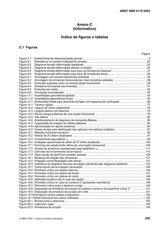 Licença de uso exclusivo para Petrobrás S/A
Cópia impressa pelo Sistema Target CENWeb
                                                                                                                         ABNT NBR 6118:2003



                                                                    Anexo C
                                                                 (informativo)

                                                  Índice de figuras e tabelas

C.1 Figuras
                                                                                                                                                   Página
Figura 3.1 Estado limite de descompressão parcial ........................................................................................5
Figura 8.1 Resistência no estado multiaxial de tensões ...............................................................................23
Figura 8.2 Diagrama tensão–deformação idealizado ....................................................................................24
Figura 8.3 Diagrama tensão-deformação bilinear na tração .........................................................................25
Figura 8.4 Diagrama tensão-deformação para aços de armaduras passivas ...............................................27
Figura 8.5 Diagrama tensão-deformação para aços de armaduras ativas ...................................................28
Figura 9.1 Ancoragem com barras transversais soldadas ............................................................................34
Figura 9.2 Ancoragem de armadura transversal por meio de barras soldadas ............................................38
Figura 9.3 Emendas supostas como na mesma seção transversal ..............................................................39
Figura 9.4 Armadura transversal nas emendas .............................................................................................41
Figura 9.5 Emendas por solda .......................................................................................................................42
Figura 9.6 Introdução da protensão ...............................................................................................................45
Figura 11.1 Imperfeições geométricas globais ................................................................................................54
Figura 11.2 Imperfeições geométricas locais ..................................................................................................55
Figura 13.1 Dimensões limites para aberturas de lajes com dispensa de verificação ....................................68
Figura 14.1 Trechos rígidos .............................................................................................................................77
Figura 14.2 Largura de mesa colaborante .......................................................................................................78
Figura 14.3 Largura efetiva com abertura .......................................................................................................79
Figura 14.4 Altura e largura efetivas de uma seção transversal .....................................................................79
Figura 14.5 Vão efetivo ....................................................................................................................................80
Figura 14.6 Arredondamento de diagrama de momentos fletores ..................................................................80
Figura 14.7 Capacidade de rotação de rótulas plásticas ................................................................................82
Figura 14.8 Aproximação em apoios extremos ...............................................................................................83
Figura 14.9 Faixas de laje para distribuição dos esforços nos pórticos múltiplos ...........................................87
Figura 15.1 Relação momento-curvatura ........................................................................................................90
Figura 15.2 Efeitos de 2a ordem localizados ...................................................................................................91
Figura 15.3 Comprimento equivalente le .........................................................................................................99
Figura 15.4 Avaliação aproximada do efeito de 2a ordem localizado ............................................................100
Figura 17.1 Domínios de estado limite último de uma seção transversal .....................................................108
Figura 17.2 Arranjo de armadura caracterizado pelo parâmetro αs ...............................................................111
Figura 17.3 Concreto de envolvimento da armadura ....................................................................................115
Figura 17.4 Flexo-torção de perfil com paredes opostas ..............................................................................128
Figura 18.1 Mudança de direção das armaduras ..........................................................................................131
Figura 18.2 Proteção contra flambagem das barras .....................................................................................131
Figura 18.3 Cobertura do diagrama de força de tração solicitante pelo diagrama resistente .......................133
Figura 19.1 Comprimento de ancoragem necessário ....................................................................................144
Figura 19.2 Perímetro crítico em pilares internos ..........................................................................................145
Figura 19.3 Perímetro crítico em pilares de borda ........................................................................................147
Figura 19.4 Perímetro crítico em pilares de canto .........................................................................................148
Figura 19.5 Definição da altura útil no caso de capitel ..................................................................................148
Figura 19.6 Perímetro crítico no caso do contorno C apresentar reentrância ..............................................149
Figura 19.7 Perímetro crítico junto à abertura na laje ...................................................................................149
Figura 19.8 Disposição da armadura de punção em planta e contorno da superfície crítica C” ..................151
Figura 19.9 Disposição da armadura de punção em corte ............................................................................151
Figura 19.10 Armadura contra colapso progressivo ........................................................................................152
Figura 19.11 Efeito favorável dos cabos inclinados ........................................................................................152
Figura 20.1 Bordas livres e aberturas ............................................................................................................153
Figura 20.2 Lajes sem vigas ..........................................................................................................................154
Figura 20.3 Armaduras de punção ................................................................................................................156



© ABNT 2004 ─ Todos os direitos reservados                                                                                                             205
 