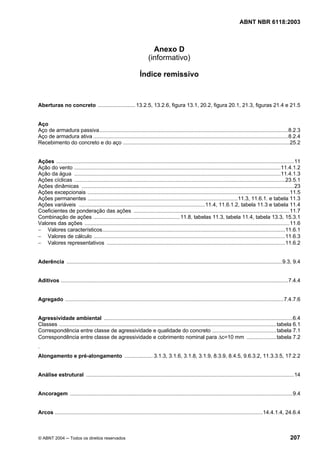 Licença de uso exclusivo para Petrobrás S/A
Cópia impressa pelo Sistema Target CENWeb
                                                                                                                                 ABNT NBR 6118:2003



                                                                        Anexo D
                                                                      (informativo)

                                                                 Índice remissivo



Aberturas no concreto ......................... 13.2.5, 13.2.6, figura 13.1, 20.2, figura 20.1, 21.3, figuras 21.4 e 21.5


Aço
Aço de armadura passiva...............................................................................................................................8.2.3
Aço de armadura ativa ...................................................................................................................................8.2.4
Recebimento do concreto e do aço ................................................................................................................25.2


Ações ................................................................................................................................................................11
Ação do vento ...........................................................................................................................................11.4.1.2
Ação da água ...........................................................................................................................................11.4.1.3
Ações cíclicas ..............................................................................................................................................23.5.1
Ações dinâmicas ...............................................................................................................................................23
Ações excepcionais ........................................................................................................................................11.5
Ações permanentes .....................................................................................................11.3, 11.6.1. e tabela 11.3
Ações variáveis .....................................................................................11.4, 11.6.1.2, tabela 11.3 e tabela 11.4
Coeficientes de ponderação das ações .........................................................................................................11.7
Combinação de ações .......................................................... 11.8, tabelas 11.3, tabela 11.4, tabela 13.3, 15.3.1
Valores das ações ..........................................................................................................................................11.6
− Valores característicos...........................................................................................................................11.6.1
− Valores de cálculo .................................................................................................................................11.6.3
− Valores representativos ........................................................................................................................11.6.2


Aderência .................................................................................................................................................9.3, 9.4


Aditivos .........................................................................................................................................................7.4.4


Agregado ...................................................................................................................................................7.4.7.6


Agressividade ambiental ...............................................................................................................................6.4
Classes ..................................................................................................................................................tabela 6.1
Correspondência entre classe de agressividade e qualidade do concreto ...........................................tabela 7.1
Correspondência entre classe de agressividade e cobrimento nominal para ∆c=10 mm ....................tabela 7.2
.
Alongamento e pré-alongamento ................... 3.1.3, 3.1.6, 3.1.8, 3.1.9, 8.3.9, 8.4.5, 9.6.3.2, 11.3.3.5, 17.2.2


Análise estrutural ............................................................................................................................................14


Ancoragem ......................................................................................................................................................9.4


Arcos ............................................................................................................................................14.4.1.4, 24.6.4



© ABNT 2004 ─ Todos os direitos reservados                                                                                                                       207
 