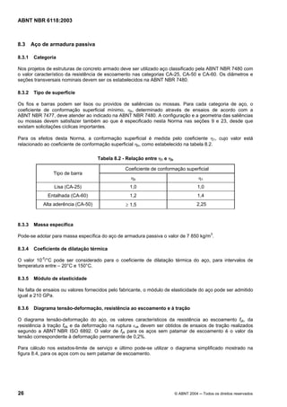 Licença de uso exclusivo para Petrobrás S/A
Cópia impressa pelo Sistema Target CENWeb
ABNT NBR 6118:2003



8.3     Aço de armadura passiva

8.3.1    Categoria

Nos projetos de estruturas de concreto armado deve ser utilizado aço classificado pela ABNT NBR 7480 com
o valor característico da resistência de escoamento nas categorias CA-25, CA-50 e CA-60. Os diâmetros e
seções transversais nominais devem ser os estabelecidos na ABNT NBR 7480.

8.3.2    Tipo de superfície

Os fios e barras podem ser lisos ou providos de saliências ou mossas. Para cada categoria de aço, o
coeficiente de conformação superficial mínimo, ηb, determinado através de ensaios de acordo com a
ABNT NBR 7477, deve atender ao indicado na ABNT NBR 7480. A configuração e a geometria das saliências
ou mossas devem satisfazer também ao que é especificado nesta Norma nas seções 9 e 23, desde que
existam solicitações cíclicas importantes.

Para os efeitos desta Norma, a conformação superficial é medida pelo coeficiente η1, cujo valor está
relacionado ao coeficiente de conformação superficial ηb, como estabelecido na tabela 8.2.

                                      Tabela 8.2 - Relação entre η1 e ηb

                                                  Coeficiente de conformação superficial
                 Tipo de barra
                                                    ηb                                 η1
                 Lisa (CA-25)                       1,0                                1,0
               Entalhada (CA-60)                    1,2                                1,4
             Alta aderência (CA-50)               ≥ 1,5                               2,25



8.3.3    Massa específica

Pode-se adotar para massa específica do aço de armadura passiva o valor de 7 850 kg/m3.

8.3.4    Coeficiente de dilatação térmica

O valor 10-5/°C pode ser considerado para o coeficiente de dilatação térmica do aço, para intervalos de
temperatura entre – 20°C e 150°C.

8.3.5    Módulo de elasticidade

Na falta de ensaios ou valores fornecidos pelo fabricante, o módulo de elasticidade do aço pode ser admitido
igual a 210 GPa.

8.3.6    Diagrama tensão-deformação, resistência ao escoamento e à tração

O diagrama tensão-deformação do aço, os valores característicos da resistência ao escoamento fyk, da
resistência à tração fstk e da deformação na ruptura εuk devem ser obtidos de ensaios de tração realizados
segundo a ABNT NBR ISO 6892. O valor de fyk para os aços sem patamar de escoamento é o valor da
tensão correspondente à deformação permanente de 0,2%.

Para cálculo nos estados-limite de serviço e último pode-se utilizar o diagrama simplificado mostrado na
figura 8.4, para os aços com ou sem patamar de escoamento.




26                                                                         © ABNT 2004 ─ Todos os direitos reservados
 