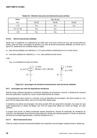 Licença de uso exclusivo para Petrobrás S/A
Cópia impressa pelo Sistema Target CENWeb
ABNT NBR 6118:2003



                          Tabela 9.2 - Diâmetro dos pinos de dobramento para estribos

              Bitola                                         Tipo de aço
               mm                       CA-25                   CA-50                      CA-60
               ≤ 10                       3 φt                   3 φt                        3 φt
            10 < φ < 20                   4 φt                   5 φt                         −
               ≥ 20                       5 φt                   8 φt                         −



9.4.6.2     Barras transversais soldadas

Desde que a resistência ao cisalhamento da solda para uma força mínima de Asfyd seja comprovada por
ensaio, pode ser feita a ancoragem de estribos, por meio de barras transversais soldadas, de acordo com a
figura 9.2, obedecendo às condições dadas a seguir:

a) duas barras soldadas com diâmetro φt > 0,7 φ para estribos constituídos por um ou dois ramos;

b) uma barra soldada com diâmetro φt ≥ 1,4 φ , para estribos de dois ramos.

onde:

     Asfyd é a resistência da barra ancorada.




              Figura 9.2 - Ancoragem de armadura transversal por meio de barras soldadas

9.4.7     Ancoragem por meio de dispositivos mecânicos

Quando forem utilizados dispositivos mecânicos acoplados às armaduras a ancorar, a eficiência do conjunto
deve ser justificada e, quando for o caso, comprovada através de ensaios.

O escorregamento entre a barra e o concreto, junto ao dispositivo de ancoragem, não deve exceder 0,1 mm
para 70% da carga limite última, nem 0,5 mm para 95% dessa carga.

A resistência de cálculo da ancoragem não deve exceder 50% da carga limite ensaiada, nos casos em que
sejam desprezíveis os efeitos de fadiga, nem 70% da carga limite obtida em ensaio de fadiga, em caso
contrário.

O projeto deve prever os efeitos localizados desses dispositivos, através de verificação da resistência do
concreto e da disposição de armaduras adequadas para resistir aos esforços gerados e manter as aberturas
de fissuras nos limites especificados, conforme indicado em 21.2.

9.4.7.1     Barra transversal única

Pode ser usada uma barra transversal soldada como dispositivo de ancoragem integral da barra, desde que:




38                                                                      © ABNT 2004 ─ Todos os direitos reservados
 