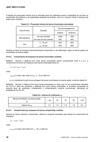 Licença de uso exclusivo para Petrobrás S/A
Cópia impressa pelo Sistema Target CENWeb
ABNT NBR 6118:2003



A adoção de proporções maiores que as indicadas deve ser justificada quanto à integridade do concreto na
transmissão dos esforços e da capacidade resistente da emenda, como um conjunto, frente à natureza das
ações que a solicitem.

                           Tabela 9.3 - Proporção máxima de barras tracionadas emendadas

                                                                               Tipo de carregamento
                        Tipo de barra                   Situação
                                                                              Estático          Dinâmico

                                                    em uma camada              100%               100%
                        Alta aderência
                                                em mais de uma camada             50%             50%
                                                       φ < 16 mm                  50%             25%
                                Lisa
                                                       φ ≥ 16 mm                  25%             25%

Quando se tratar de armadura permanentemente comprimida ou de distribuição, todas as barras podem ser
emendadas na mesma seção.

9.5.2.2      Comprimento de traspasse de barras tracionadas, isoladas

9.5.2.2.1 Quando a distância livre entre barras emendadas estiver compreendida entre 0 e 4 φ , o
comprimento do trecho de traspasse para barras tracionadas deve ser:

     l 0 t = α0 t l b,nec ≥ l 0 t,min


onde:

     l 0 t,min é o maior valor entre 0,3 α0t l b , 15 φ e 200 mm;


     α0t é o coeficiente função da porcentagem de barras emendadas na mesma seção, conforme tabela 9.4.

9.5.2.2.2   Quando a distância livre entre barras emendadas for maior que 4 φ, ao comprimento calculado
em 9.5.2.2.1 deve ser acrescida a distância livre entre barras emendadas. A armadura transversal na
emenda deve ser justificada, considerando o comportamento conjunto concreto-aço, atendendo ao
estabelecido em 9.5.2.4.

                                              Tabela 9.4 - Valores do coeficiente α0t

           Barras emendadas na mesma seção
                                                                   ≤ 20      25          33           50         > 50
                                        %

                             Valores de α0t                        1,2       1,4         1,6          1,8         2,0


9.5.2.3      Comprimento por traspasse de barras comprimidas, isoladas

Quando as barras estiverem comprimidas, adota-se a seguinte expressão para cálculo do comprimento de
traspasse:

     l 0c = l b,nec ≥ l 0c,min


onde:

     l 0c,min é o maior valor entre 0,6 l b , 15 φ e 200 mm.




40                                                                                  © ABNT 2004 ─ Todos os direitos reservados
 