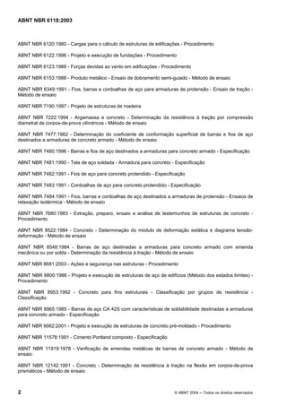 Licença de uso exclusivo para Petrobrás S/A
Cópia impressa pelo Sistema Target CENWeb
ABNT NBR 6118:2003



ABNT NBR 6120:1980 - Cargas para o cálculo de estruturas de edificações - Procedimento

ABNT NBR 6122:1996 - Projeto e execução de fundações - Procedimento

ABNT NBR 6123:1988 - Forças devidas ao vento em edificações - Procedimento

ABNT NBR 6153:1988 - Produto metálico - Ensaio de dobramento semi-guiado - Método de ensaio

ABNT NBR 6349:1991 - Fios, barras e cordoalhas de aço para armaduras de protensão - Ensaio de tração -
Método de ensaio

ABNT NBR 7190:1997 - Projeto de estruturas de madeira

ABNT NBR 7222:1994 - Argamassa e concreto - Determinação da resistência à tração por compressão
diametral de corpos-de-prova cilíndricos - Método de ensaio

ABNT NBR 7477:1982 - Determinação do coeficiente de conformação superficial de barras e fios de aço
destinados a armaduras de concreto armado - Método de ensaio

ABNT NBR 7480:1996 - Barras e fios de aço destinados a armaduras para concreto armado - Especificação

ABNT NBR 7481:1990 - Tela de aço soldada - Armadura para concreto - Especificação

ABNT NBR 7482:1991 - Fios de aço para concreto protendido - Especificação

ABNT NBR 7483:1991 - Cordoalhas de aço para concreto protendido - Especificação

ABNT NBR 7484:1991 - Fios, barras e cordoalhas de aço destinados a armaduras de protensão - Ensaios de
relaxação isotérmica - Método de ensaio

ABNT NBR 7680:1983 - Extração, preparo, ensaio e análise de testemunhos de estruturas de concreto -
Procedimento

ABNT NBR 8522:1984 - Concreto - Determinação do módulo de deformação estática e diagrama tensão-
deformação - Método de ensaio

ABNT NBR 8548:1984 - Barras de aço destinadas a armaduras para concreto armado com emenda
mecânica ou por solda - Determinação da resistência à tração - Método de ensaio

ABNT NBR 8681:2003 - Ações e segurança nas estruturas - Procedimento

ABNT NBR 8800:1986 - Projeto e execução de estruturas de aço de edifícios (Método dos estados limites) -
Procedimento

ABNT NBR 8953:1992 - Concreto para fins estruturais - Classificação por grupos de resistência -
Classificação

ABNT NBR 8965:1985 - Barras de aço CA 42S com características de soldabilidade destinadas a armaduras
para concreto armado - Especificação

ABNT NBR 9062:2001 - Projeto e execução de estruturas de concreto pré-moldado - Procedimento

ABNT NBR 11578:1991 - Cimento Portland composto - Especificação

ABNT NBR 11919:1978 - Verificação de emendas metálicas de barras de concreto armado - Método de
ensaio

ABNT NBR 12142:1991 - Concreto - Determinação da resistência à tração na flexão em corpos-de-prova
prismáticos - Método de ensaio



2                                                                    © ABNT 2004 ─ Todos os direitos reservados
 