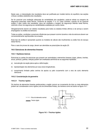 Licença de uso exclusivo para Petrobrás S/A
Cópia impressa pelo Sistema Target CENWeb
                                                                                   ABNT NBR 6118:2003



Neste caso, a interpretação dos resultados deve ser justificada por modelo teórico do equilíbrio nas seções
críticas e análise estatística dos resultados.

Se for possível uma avaliação adequada da variabilidade dos resultados, pode-se adotar as margens de
segurança prescritas nesta Norma, conforme as seções 11 e 12. Caso contrário, quando só for possível
avaliar o valor médio dos resultados, deve ser ampliada a margem de segurança referida nesta Norma,
cobrindo a favor da segurança as variabilidades avaliadas por outros meios.

Obrigatoriamente devem ser obtidos resultados para todos os estados limites últimos e de serviço a serem
empregados na análise da estrutura.

Todas as ações, condições e possíveis influências que possam ocorrer durante a vida da estrutura devem ser
convenientemente reproduzidas nos ensaios.

Esse tipo de análise é apropriado quando os modelos de cálculo são insuficientes ou estão fora do escopo
desta Norma.

Para o caso de provas de carga, devem ser atendidas as prescrições da seção 25.

14.6 Estruturas de elementos lineares

14.6.1 Hipóteses básicas

Estruturas ou partes de estruturas que possam ser assimiladas a elementos lineares (vigas, pilares, tirantes,
arcos, pórticos, grelhas, treliças) podem ser analisadas admitindo-se as seguintes hipóteses:

a) manutenção da seção plana após a deformação;

b) representação dos elementos por seus eixos longitudinais;

c) comprimento limitado pelos centros de apoios ou pelo cruzamento com o eixo de outro elemento
   estrutural.

14.6.2 Caracterização da geometria

14.6.2.1    Trechos rígidos

Os trechos de elementos lineares pertencentes a região comum ao cruzamento de dois ou mais elementos
podem ser considerados como rígidos (nós de dimensões finitas), da maneira como se ilustra na figura 14.1.




                                             Figura 14.1 - Trechos rígidos




© ABNT 2004 ─ Todos os direitos reservados                                                                77
 