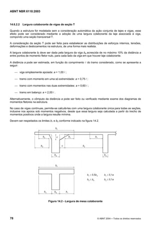 Licença de uso exclusivo para Petrobrás S/A
Cópia impressa pelo Sistema Target CENWeb
ABNT NBR 6118:2003



14.6.2.2   Largura colaborante de vigas de seção T

Quando a estrutura for modelada sem a consideração automática da ação conjunta de lajes e vigas, esse
efeito pode ser considerado mediante a adoção de uma largura colaborante da laje associada à viga,
compondo uma seção transversal T.

A consideração da seção T pode ser feita para estabelecer as distribuições de esforços internos, tensões,
deformações e deslocamentos na estrutura, de uma forma mais realista.

A largura colaborante bf deve ser dada pela largura da viga bw acrescida de no máximo 10% da distância a
entre pontos de momento fletor nulo, para cada lado da viga em que houver laje colaborante.

A distância a pode ser estimada, em função do comprimento l do tramo considerado, como se apresenta a
seguir:

     ⎯ viga simplesmente apoiada: a = 1,00 l ;

     ⎯ tramo com momento em uma só extremidade: a = 0,75 l ;

     ⎯ tramo com momentos nas duas extremidades: a = 0,60 l ;

     ⎯ tramo em balanço: a = 2,00 l .

Alternativamente, o cômputo da distância a pode ser feito ou verificado mediante exame dos diagramas de
momentos fletores na estrutura.

No caso de vigas contínuas, permite-se calculá-las com uma largura colaborante única para todas as seções,
inclusive nos apoios sob momentos negativos, desde que essa largura seja calculada a partir do trecho de
momentos positivos onde a largura resulte mínima.

Devem ser respeitados os limites b1 e b3 conforme indicado na figura 14.2.




                                Figura 14.2 - Largura de mesa colaborante




78                                                                      © ABNT 2004 ─ Todos os direitos reservados
 