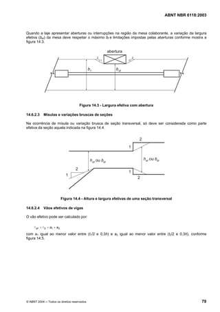 Licença de uso exclusivo para Petrobrás S/A
Cópia impressa pelo Sistema Target CENWeb
                                                                                       ABNT NBR 6118:2003



Quando a laje apresentar aberturas ou interrupções na região da mesa colaborante, a variação da largura
efetiva (bef) da mesa deve respeitar o máximo bf e limitações impostas pelas aberturas conforme mostra a
figura 14.3.




                                      Figura 14.3 - Largura efetiva com abertura

14.6.2.3    Mísulas e variações bruscas de seções

Na ocorrência de mísula ou variação brusca de seção transversal, só deve ser considerada como parte
efetiva da seção aquela indicada na figura 14.4.




                            Figura 14.4 - Altura e largura efetivas de uma seção transversal

14.6.2.4    Vãos efetivos de vigas

O vão efetivo pode ser calculado por:

     l ef = l 0 + a1 + a2

com a1 igual ao menor valor entre (t1/2 e 0,3h) e a2 igual ao menor valor entre (t2/2 e 0,3h), conforme
figura 14.5.




© ABNT 2004 ─ Todos os direitos reservados                                                            79
 