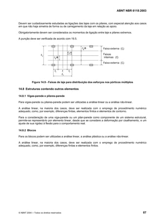Licença de uso exclusivo para Petrobrás S/A
Cópia impressa pelo Sistema Target CENWeb
                                                                                      ABNT NBR 6118:2003



Devem ser cuidadosamente estudadas as ligações das lajes com os pilares, com especial atenção aos casos
em que não haja simetria de forma ou de carregamento da laje em relação ao apoio.

Obrigatoriamente devem ser considerados os momentos de ligação entre laje e pilares extremos.

A punção deve ser verificada de acordo com 19.5.




             Figura 14.9 - Faixas de laje para distribuição dos esforços nos pórticos múltiplos

14.8 Estruturas contendo outros elementos

14.8.1 Vigas-parede e pilares-parede

Para vigas-parede ou pilares-parede podem ser utilizadas a análise linear ou a análise não-linear.

A análise linear, na maioria dos casos, deve ser realizada com o emprego de procedimento numérico
adequado, como, por exemplo, diferenças finitas, elementos finitos e elementos de contorno.

Para a consideração de uma viga-parede ou um pilar-parede como componente de um sistema estrutural,
permite-se representá-lo por elemento linear, desde que se considere a deformação por cisalhamento, e um
ajuste de sua rigidez à flexão para o comportamento real.

14.8.2 Blocos

Para os blocos podem ser utilizadas a análise linear, a análise plástica ou a análise não-linear.

A análise linear, na maioria dos casos, deve ser realizada com o emprego de procedimento numérico
adequado, como, por exemplo, diferenças finitas e elementos finitos.




© ABNT 2004 ─ Todos os direitos reservados                                                           87
 